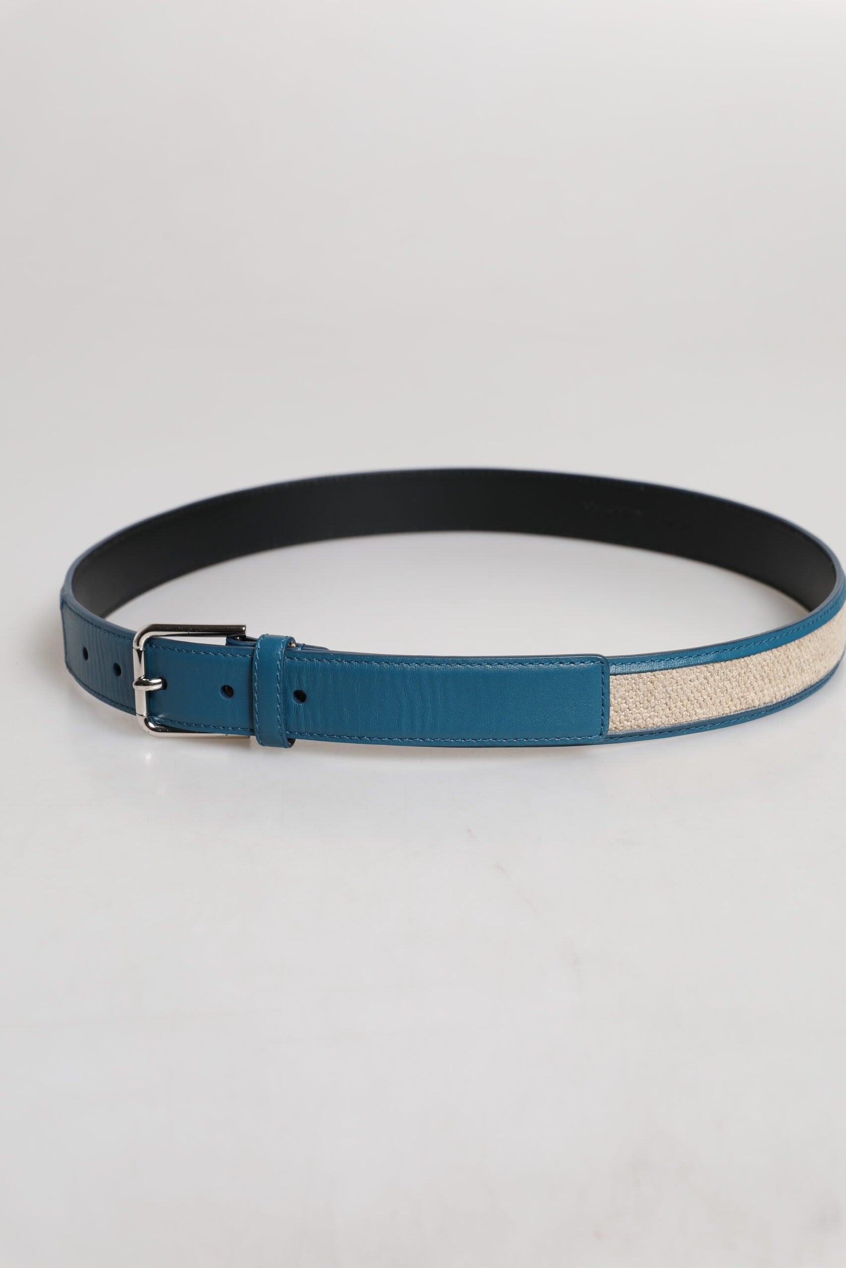 Dolce & Gabbana Blue Beige Leather Weaved Metal Buckle Men's Belt (Pre-Owned)