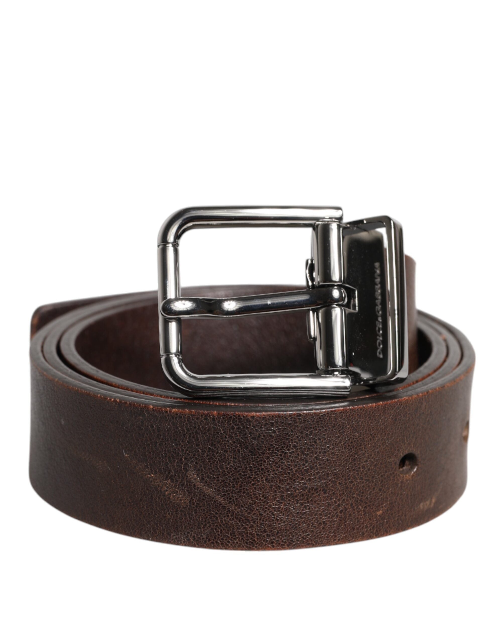 Dolce & Gabbana Brown Leather Classic Metal Logo Buckle Men's Belt (Pre-Owned)