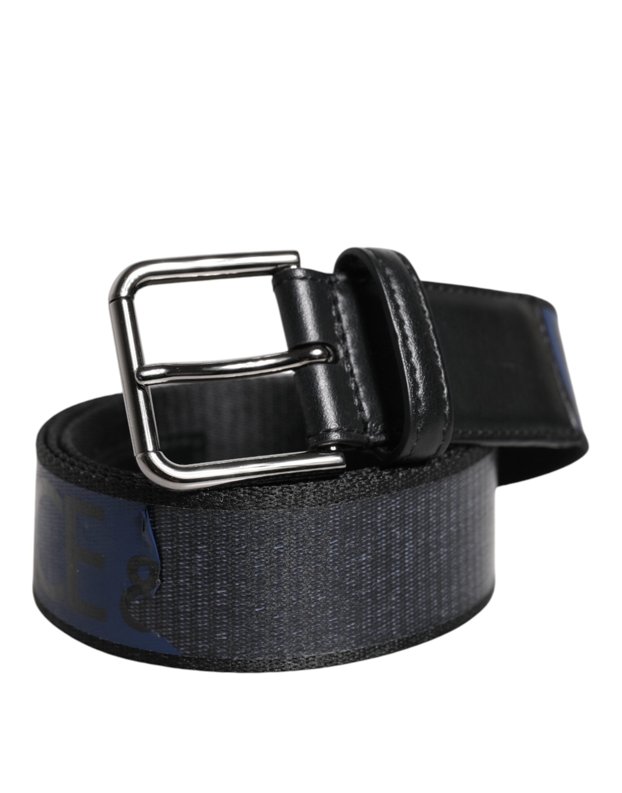 Dolce & Gabbana Black Blue Polyester Printed Metal Buckle Men's Belt (Pre-Owned)