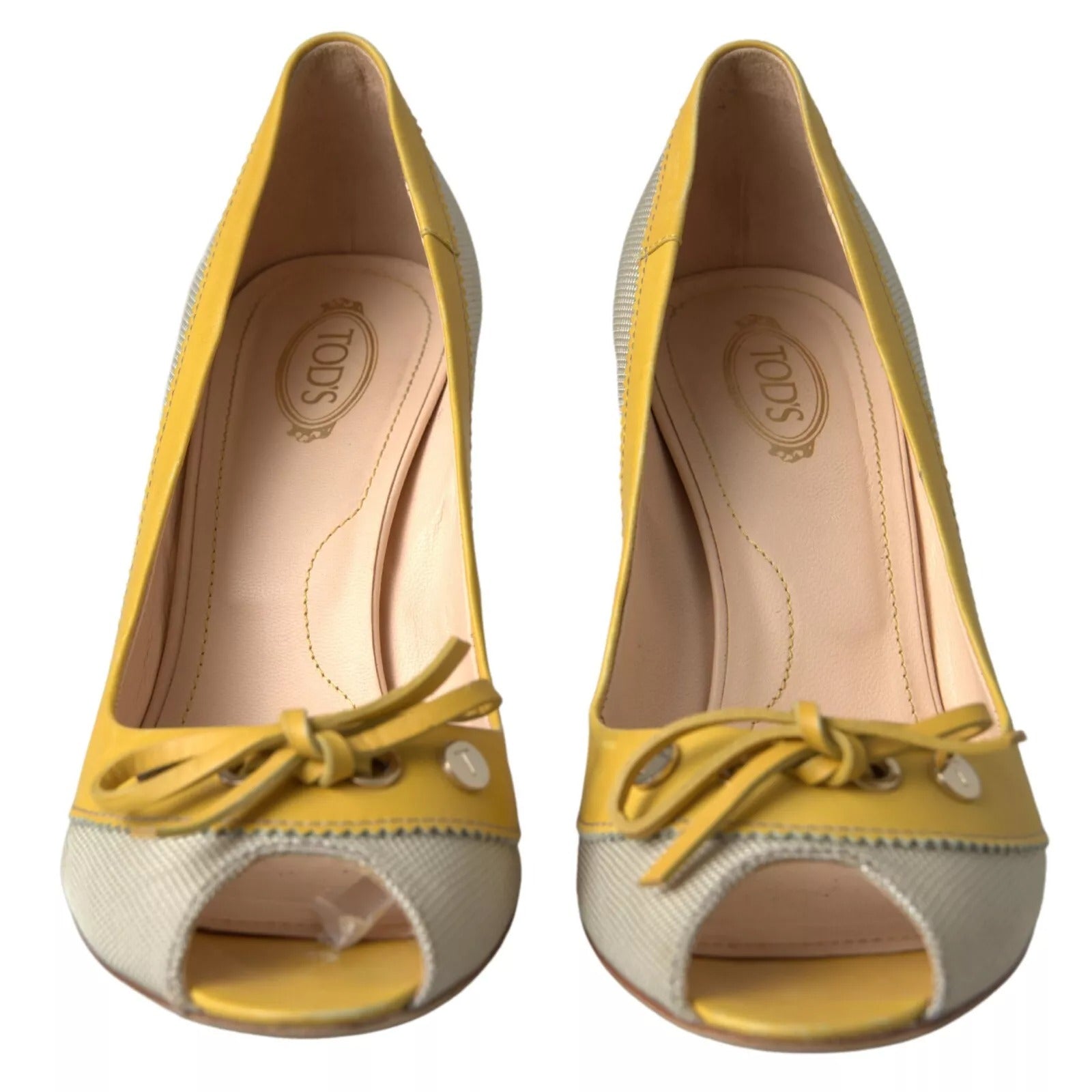 Tod's Yellow Off White Peep Toe Heels Pumps Women's Shoes (Pre-Owned)