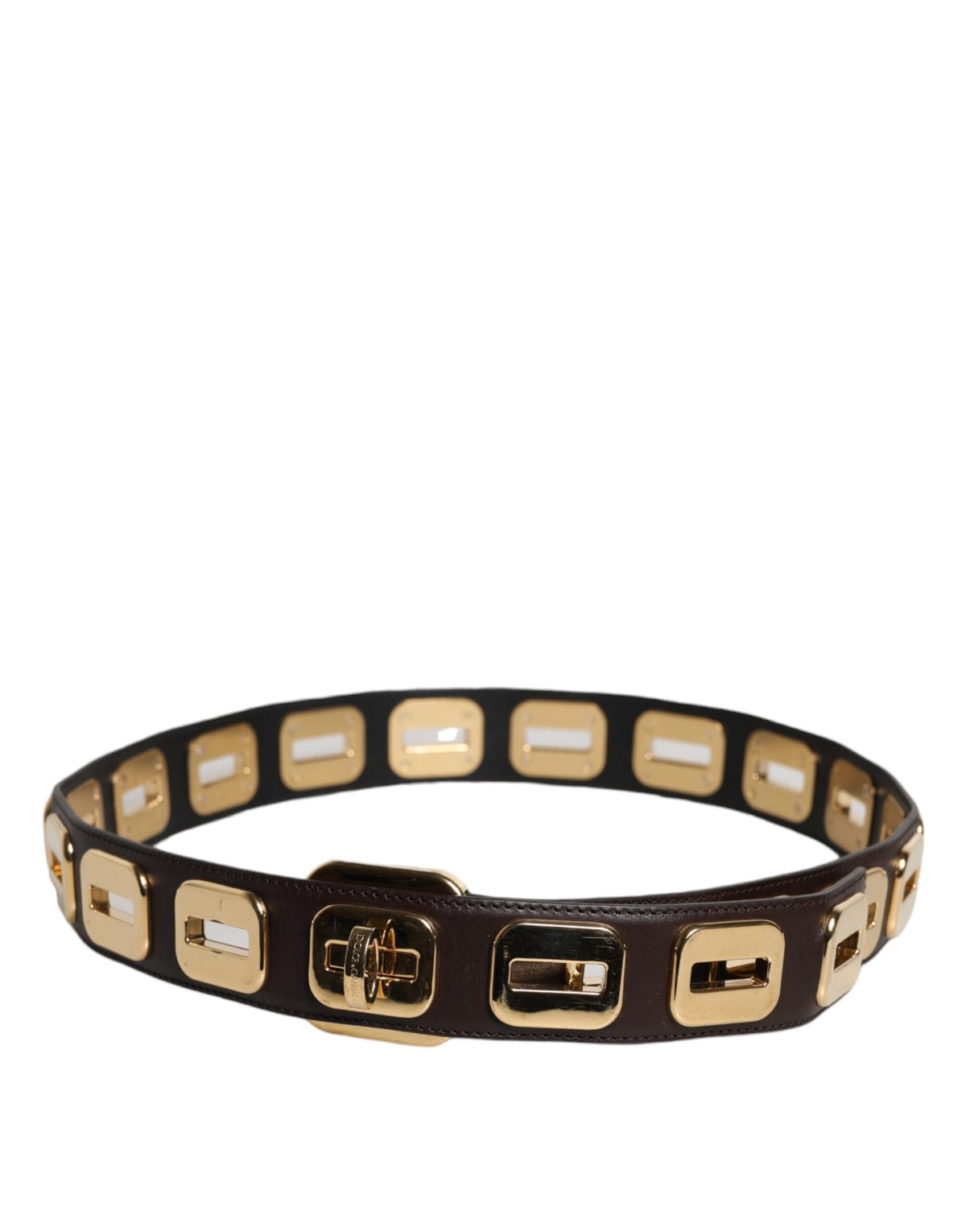 Dolce & Gabbana Dark Brown Leather Gold Rotating Buckle Women's Belt (Pre-Owned)