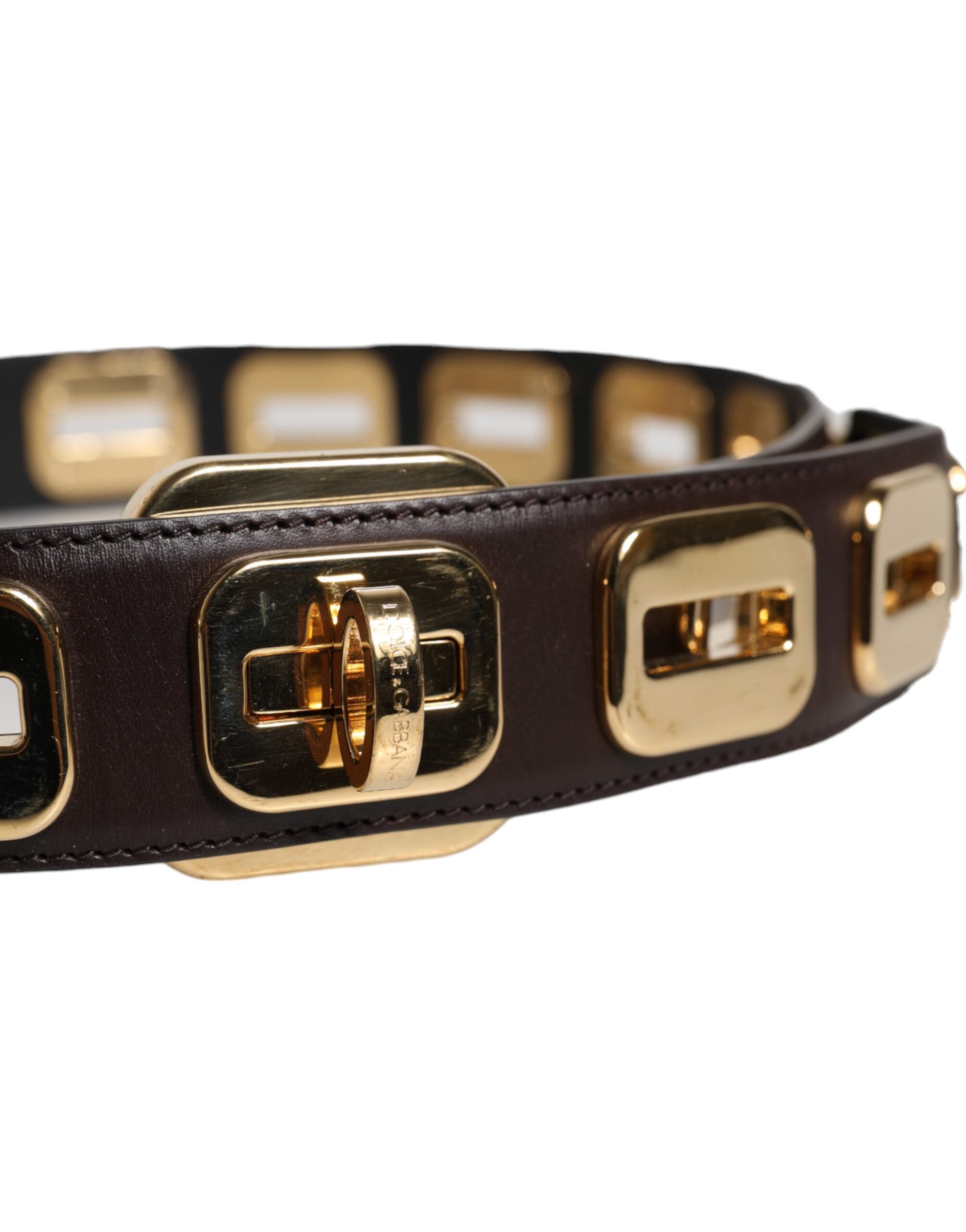 Dolce & Gabbana Dark Brown Leather Gold Rotating Buckle Women's Belt (Pre-Owned)