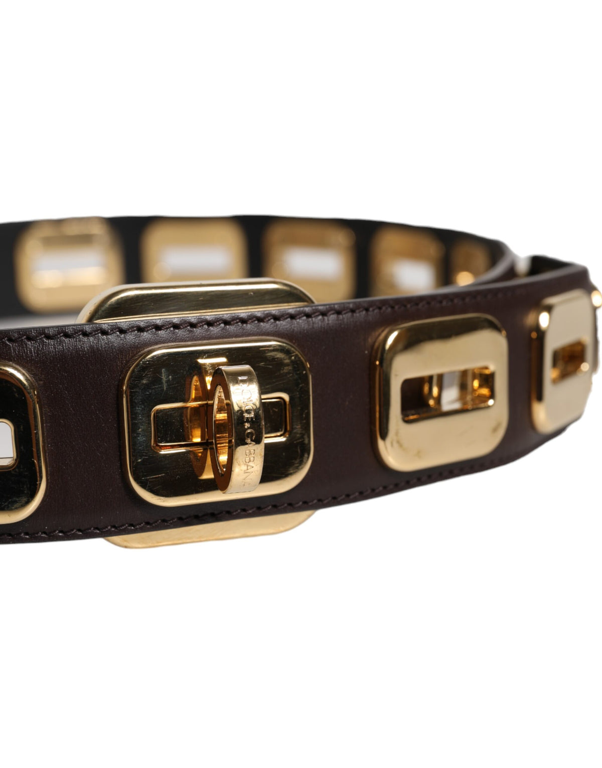 Dolce & Gabbana Dark Brown Leather Gold Rotating Buckle Women's Belt (Pre-Owned)