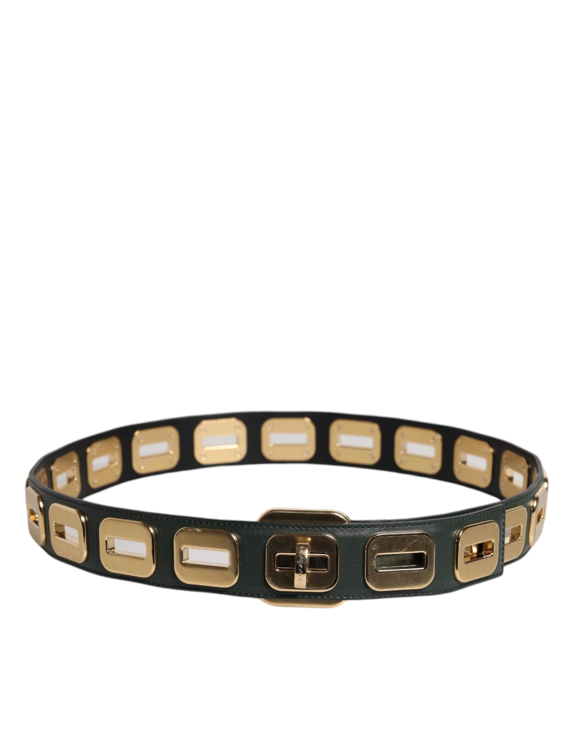 Dolce & Gabbana Green Leather Gold Tone Rotating Buckle Women's Belt