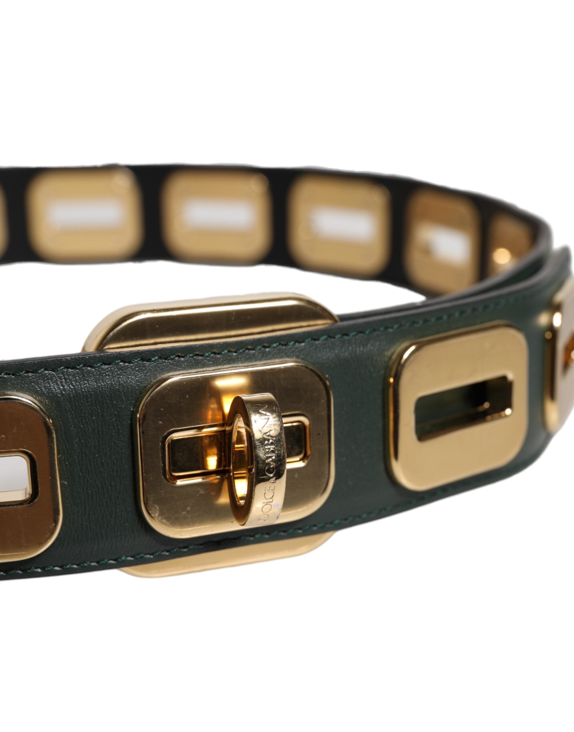 Dolce & Gabbana Green Leather Gold Tone Rotating Buckle Women's Belt