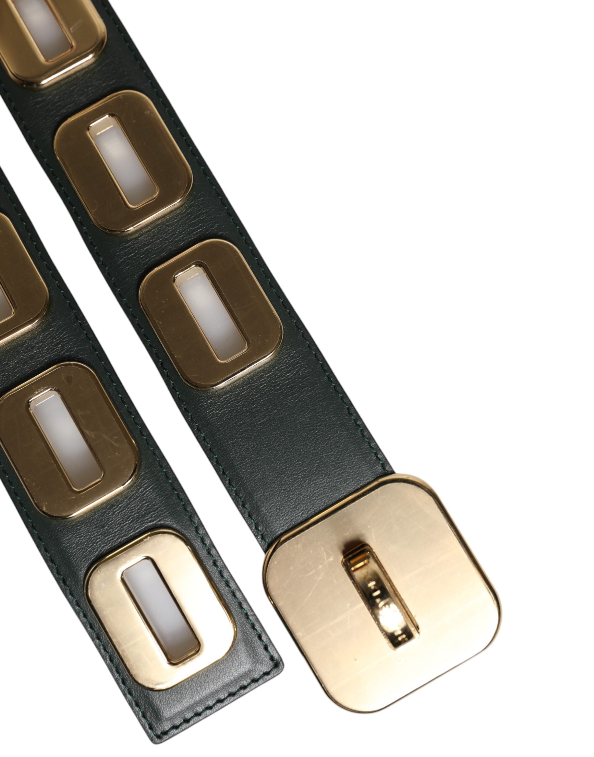 Dolce & Gabbana Green Leather Gold Tone Rotating Buckle Women's Belt