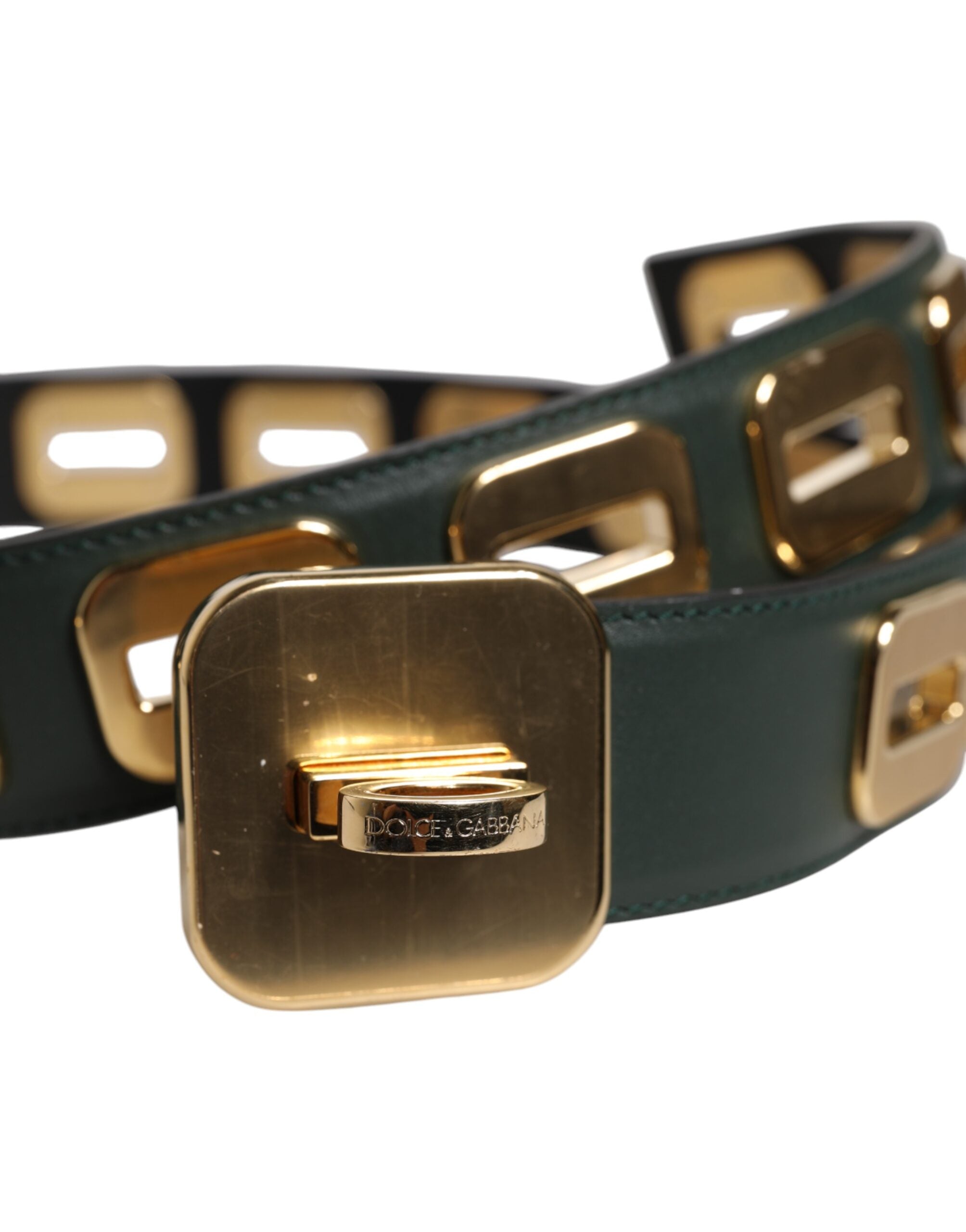 Dolce & Gabbana Green Leather Gold Tone Rotating Buckle Women's Belt