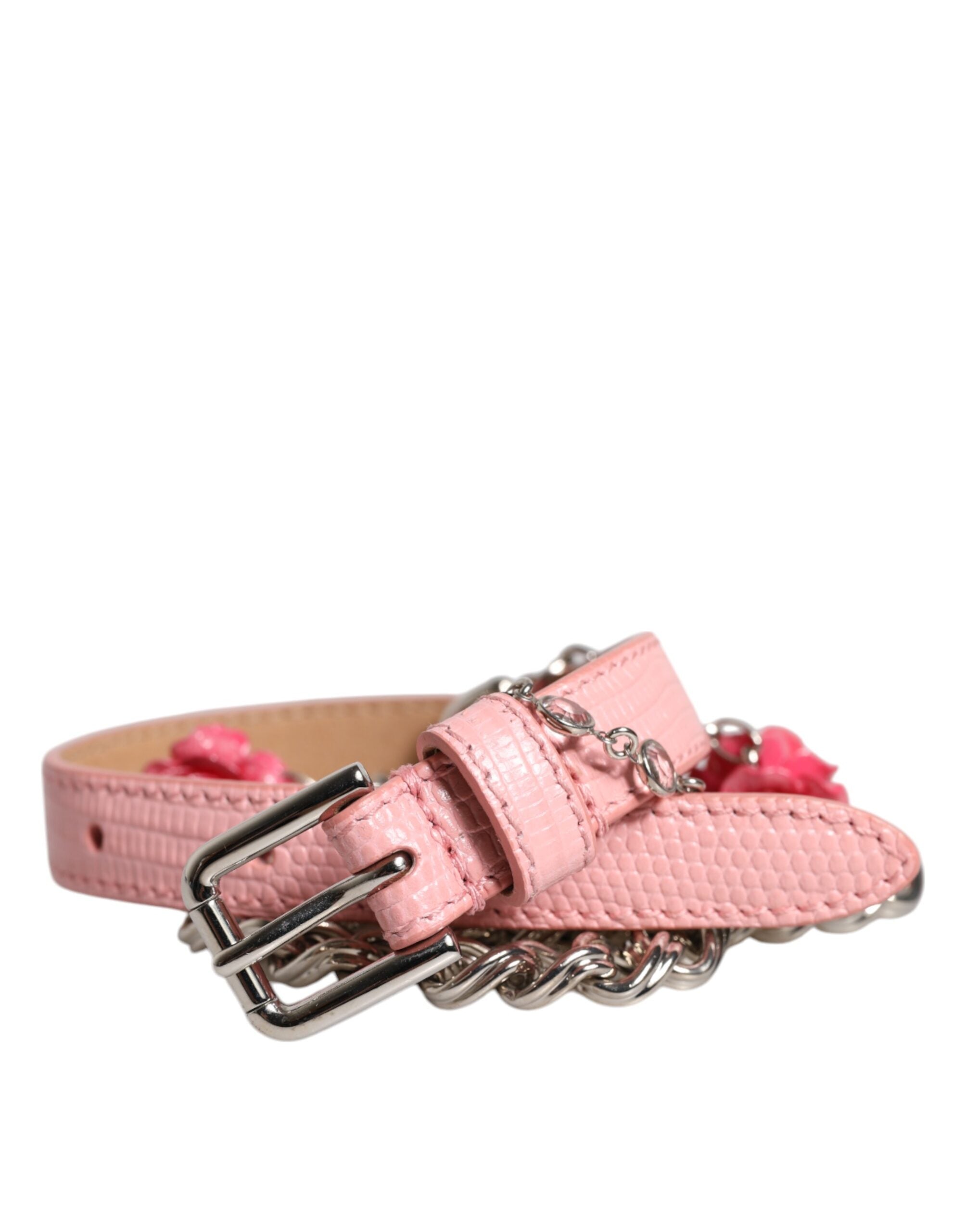 Dolce & Gabbana Pink Embelished Roses Textured Leather Women's Belt