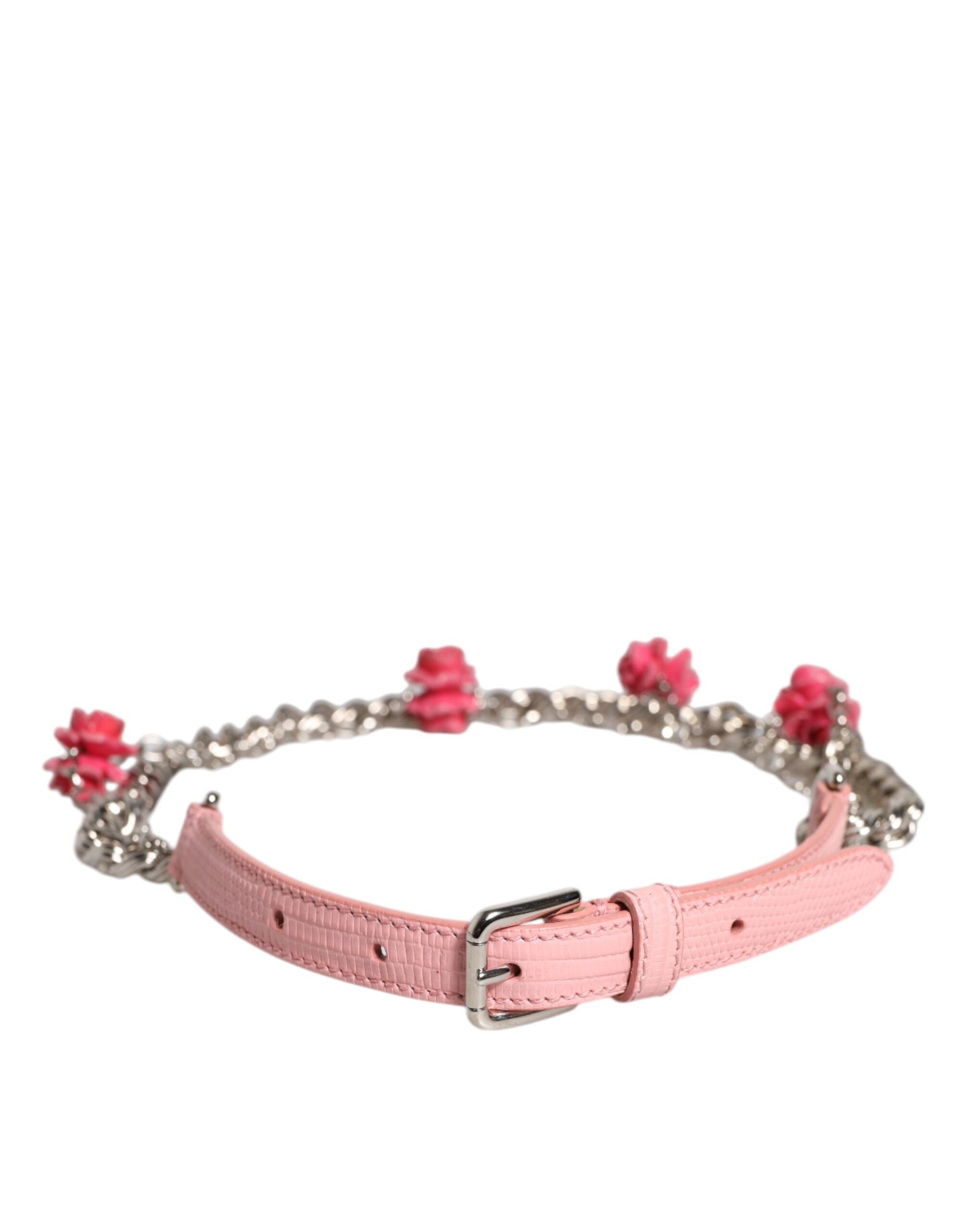 Dolce & Gabbana Pink Embelished Roses Textured Leather Women's Belt