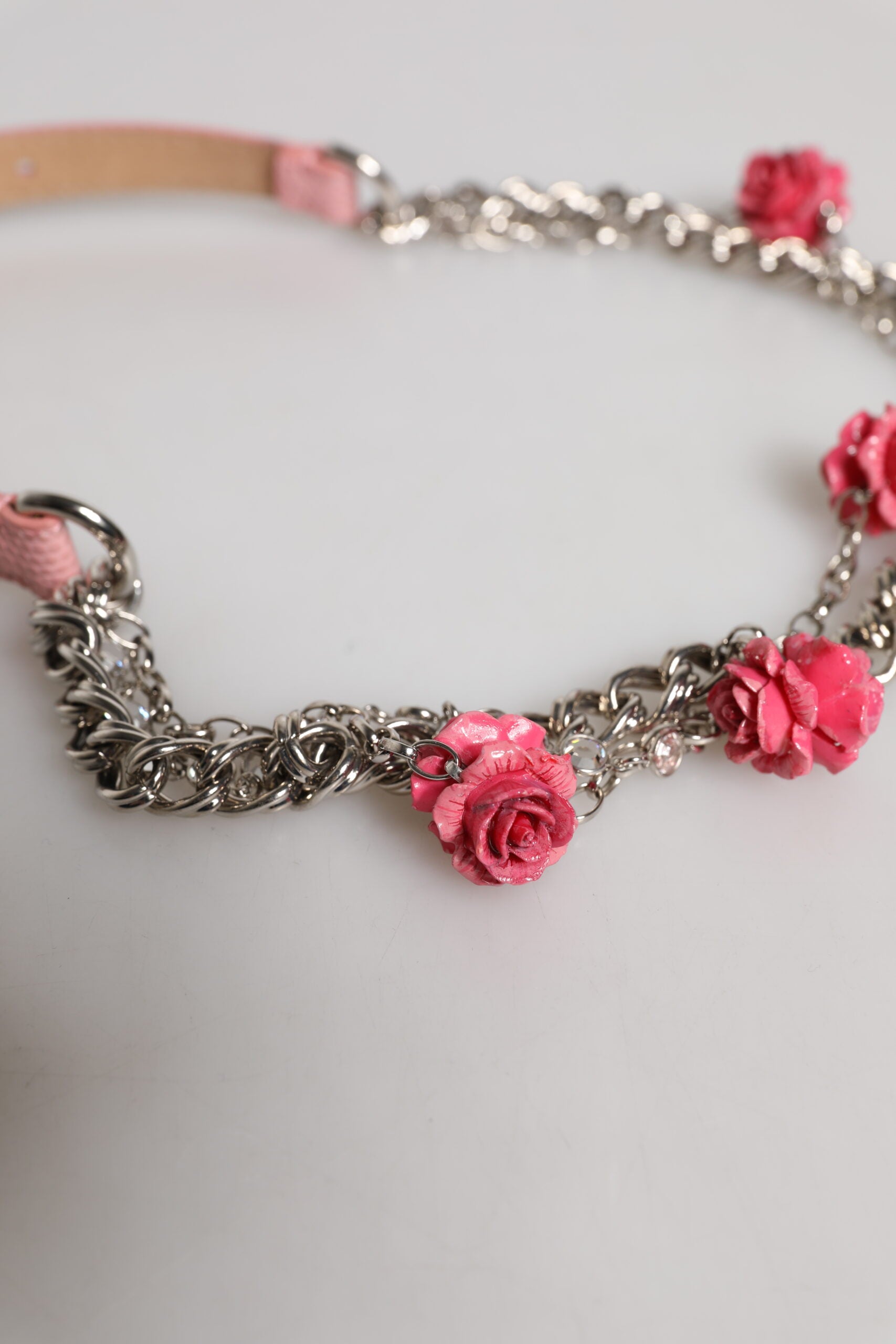 Dolce & Gabbana Pink Embelished Roses Textured Leather Women's Belt