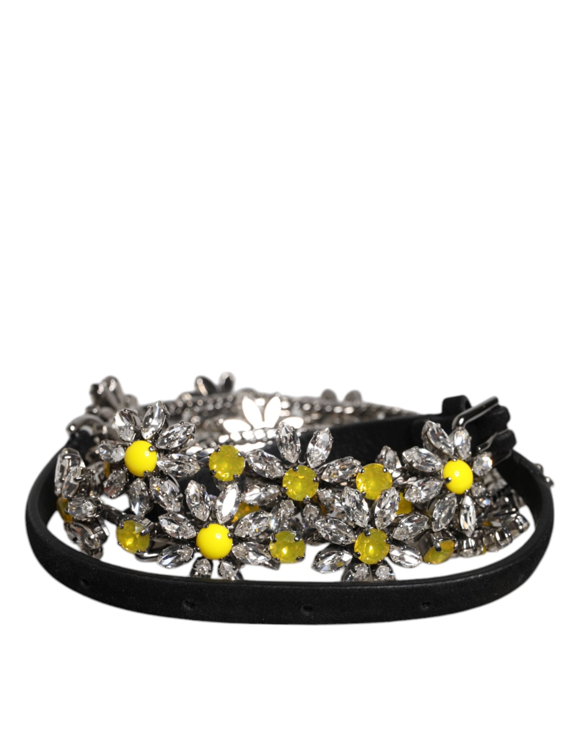 Dolce & Gabbana Black Leather Daisy Crystal Embellish Waist Women's Belt