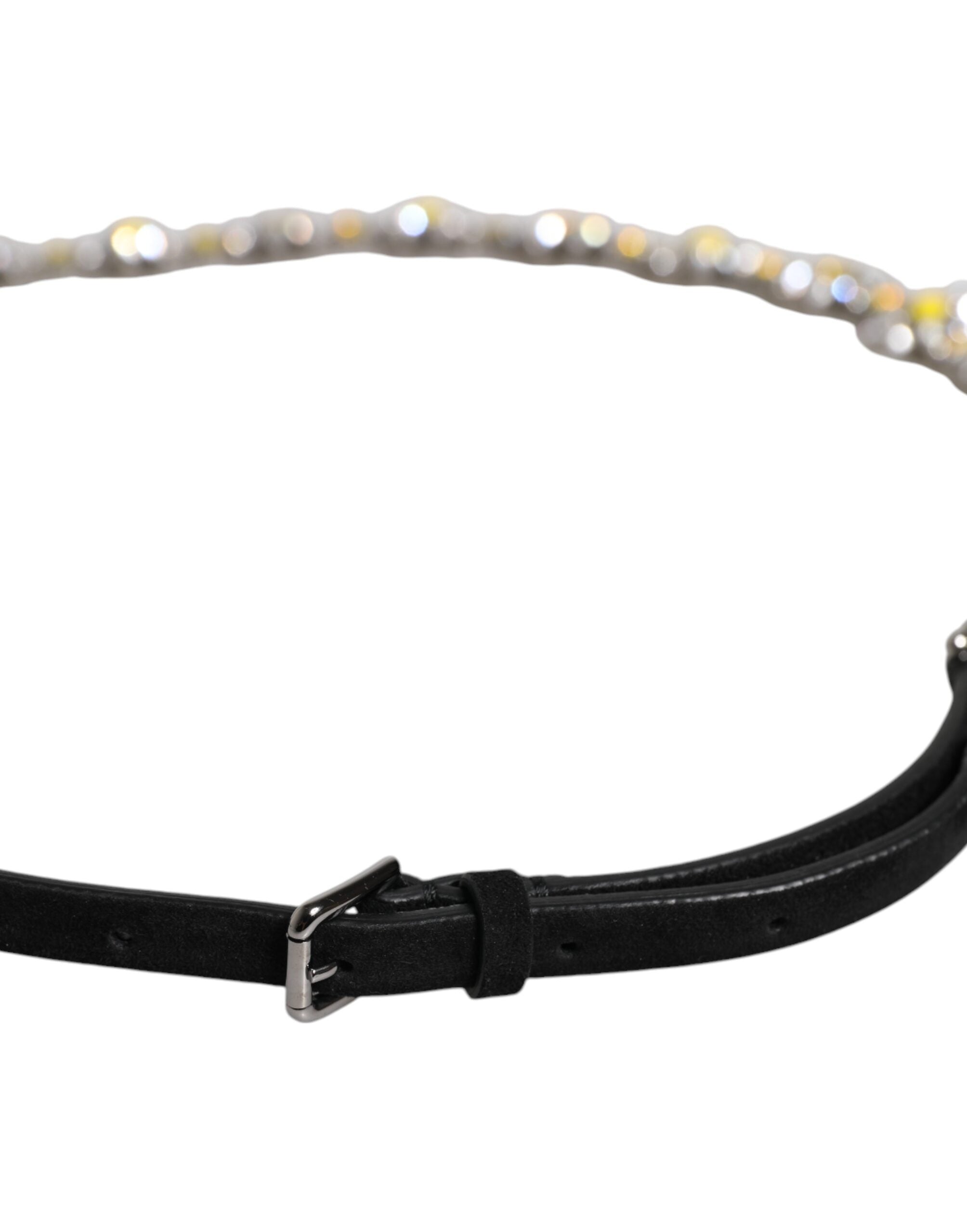 Dolce & Gabbana Black Leather Daisy Crystal Embellish Waist Women's Belt