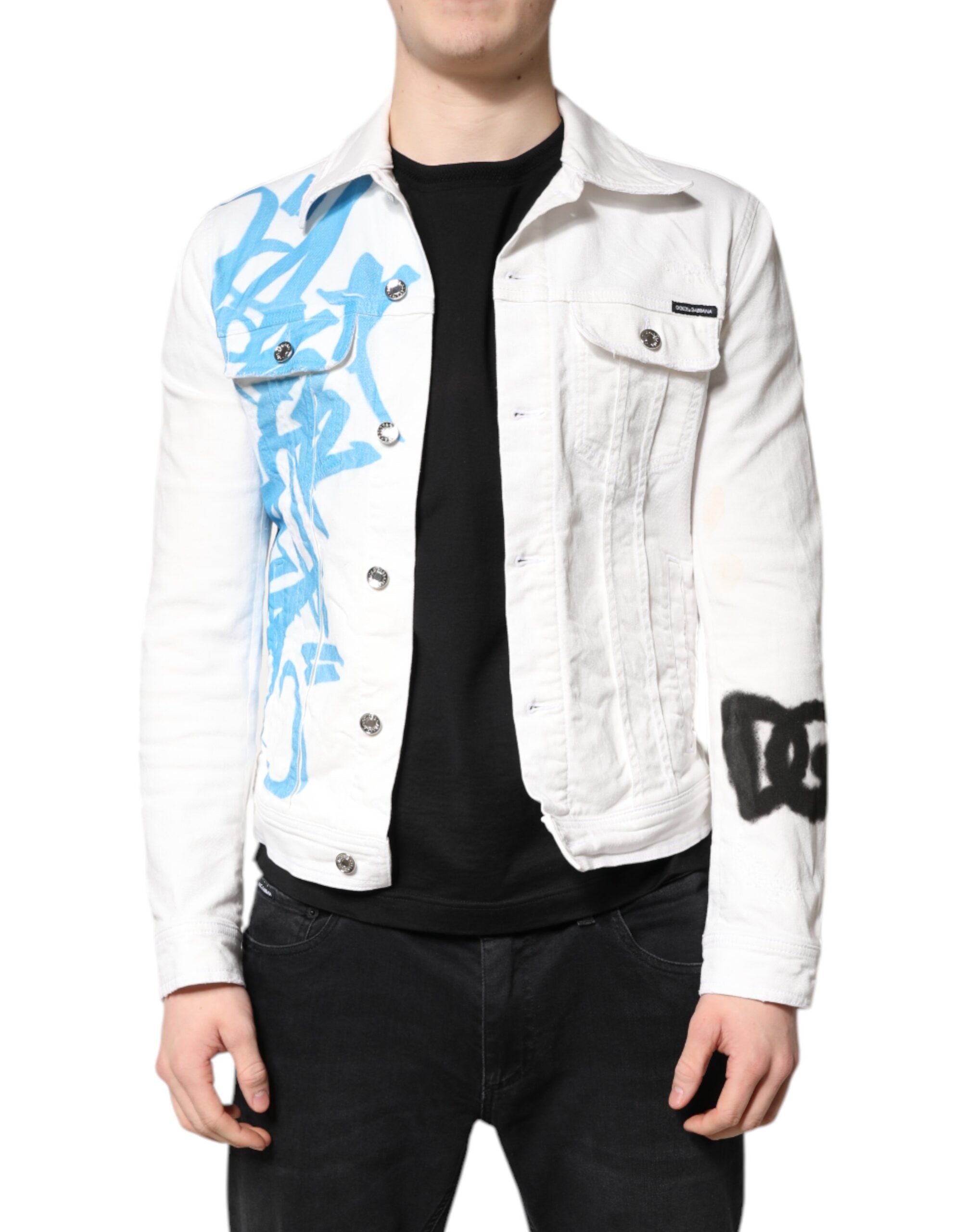 Dolce & Gabbana White Graffiti Cotton Stretch Denim Men's Jacket (Pre-Owned)