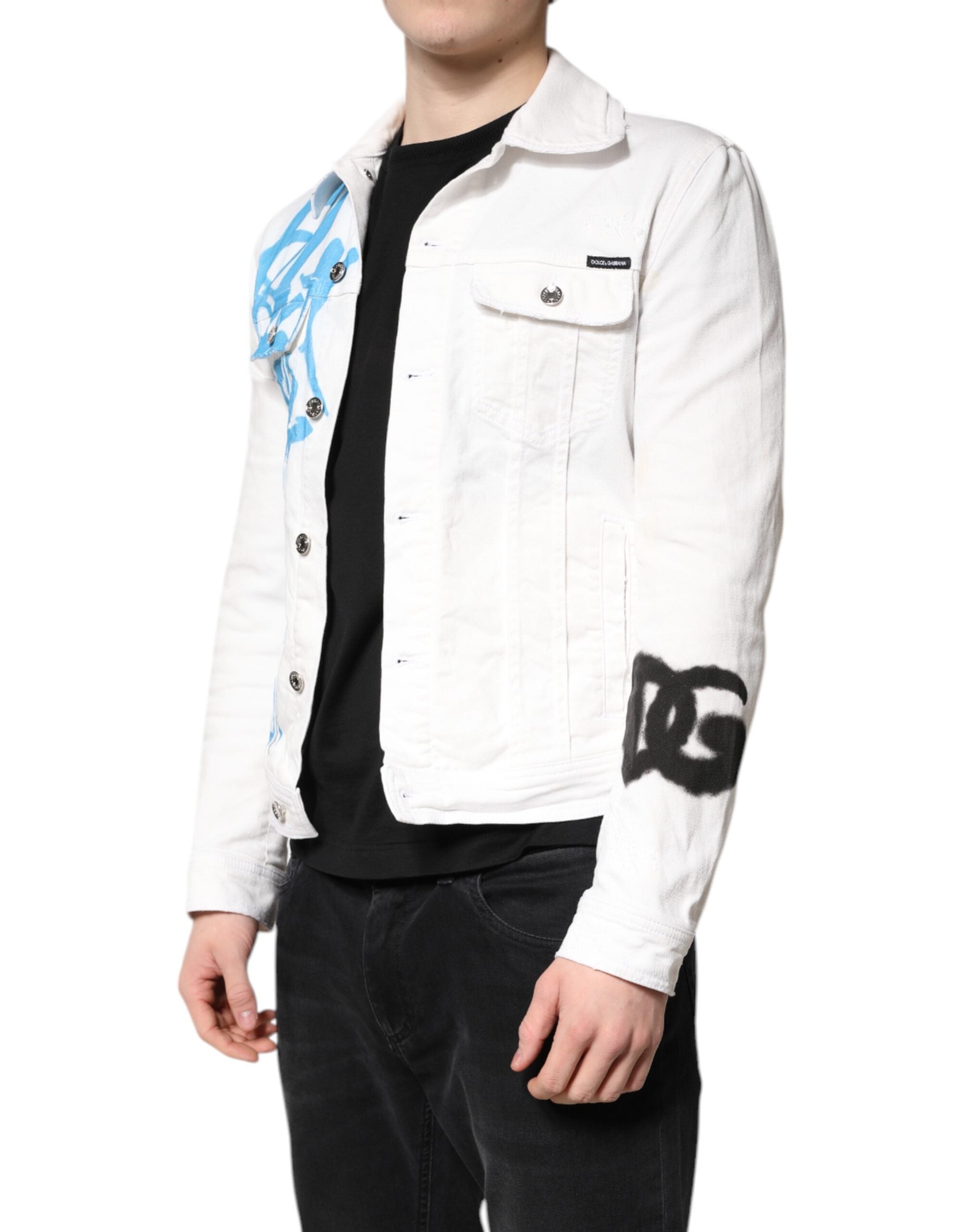 Dolce & Gabbana White Graffiti Cotton Stretch Denim Men's Jacket (Pre-Owned)