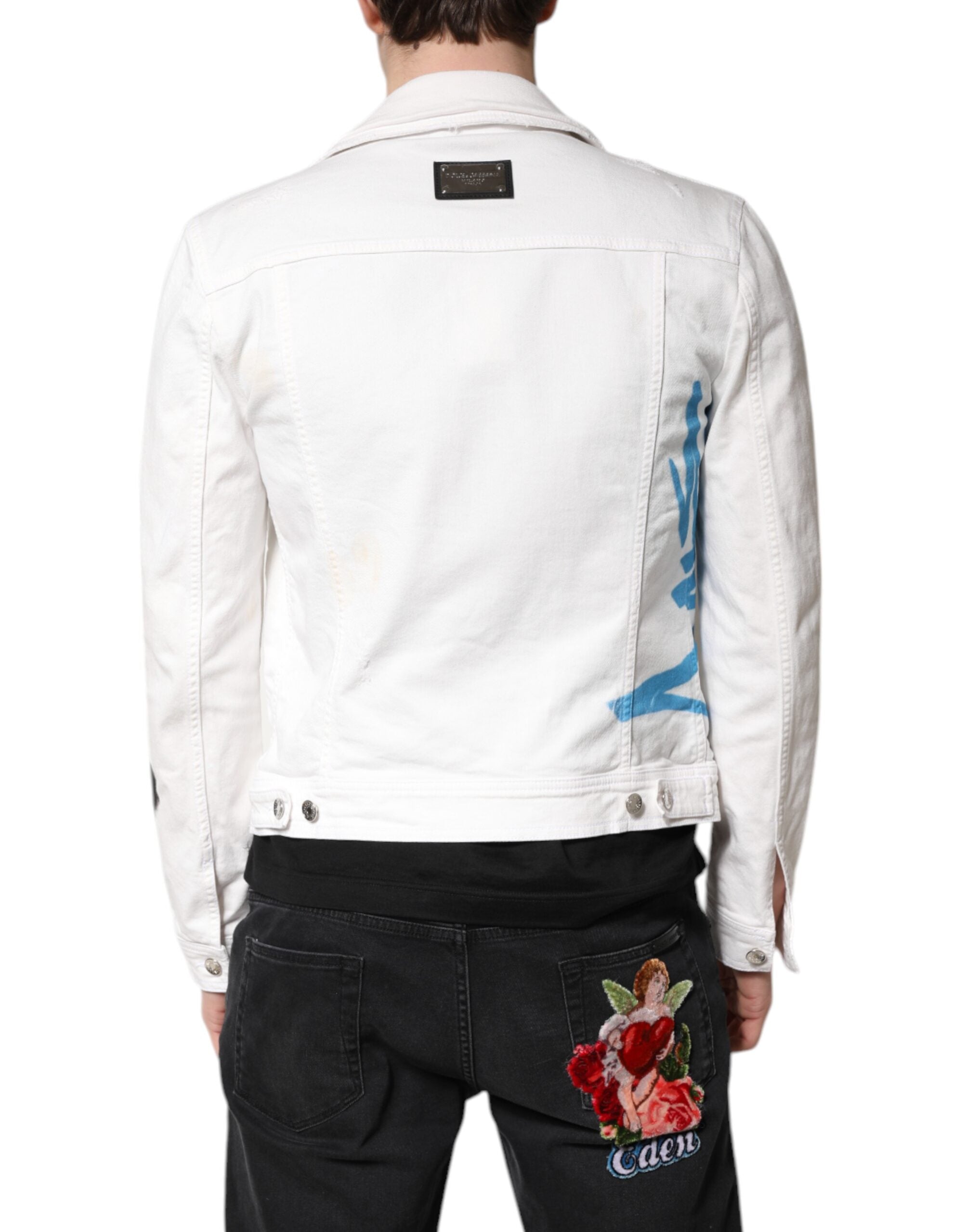 Dolce & Gabbana White Graffiti Cotton Stretch Denim Men's Jacket (Pre-Owned)