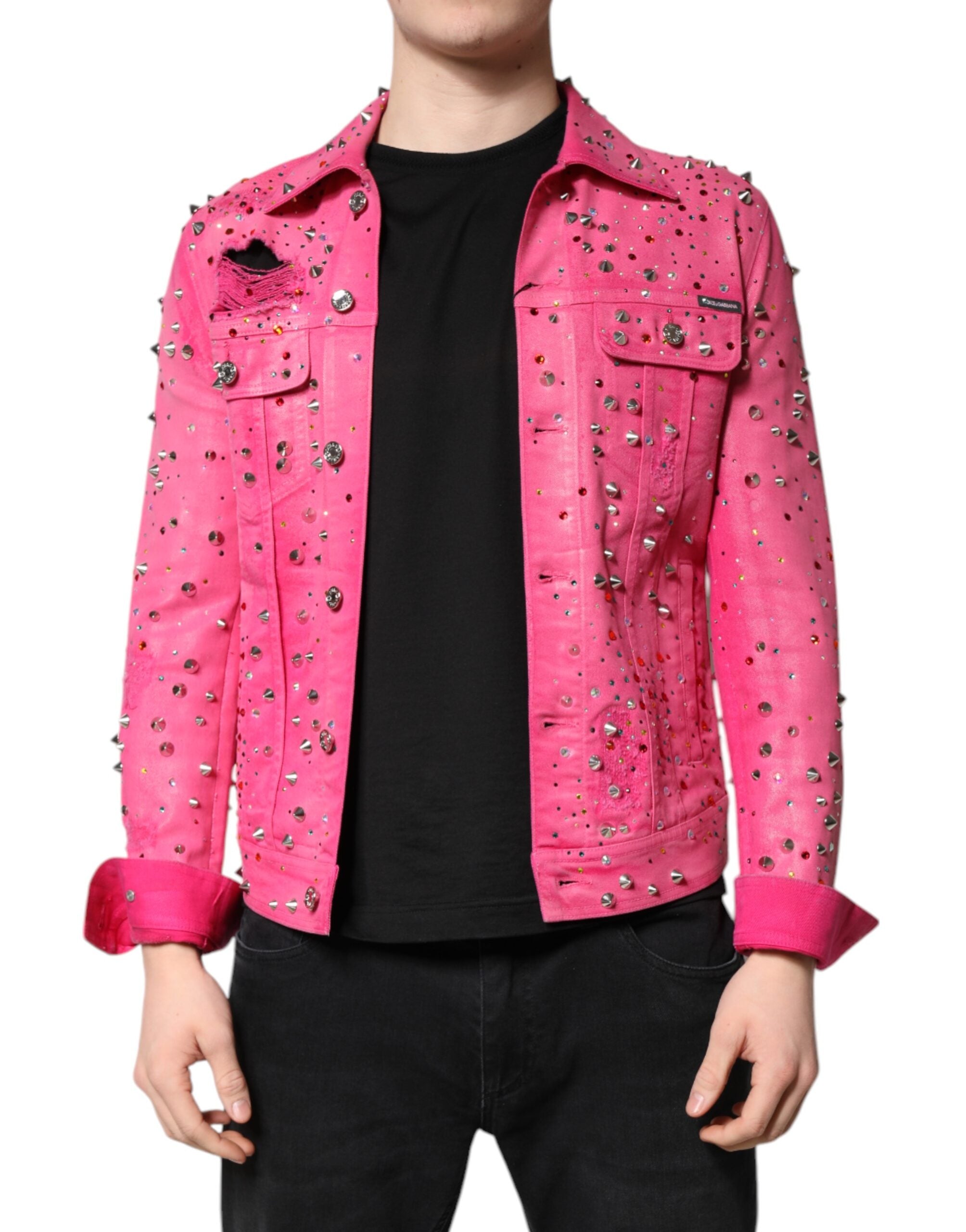 Dolce & Gabbana Pink Crystal Embellished Cotton Denim Men's Jacket