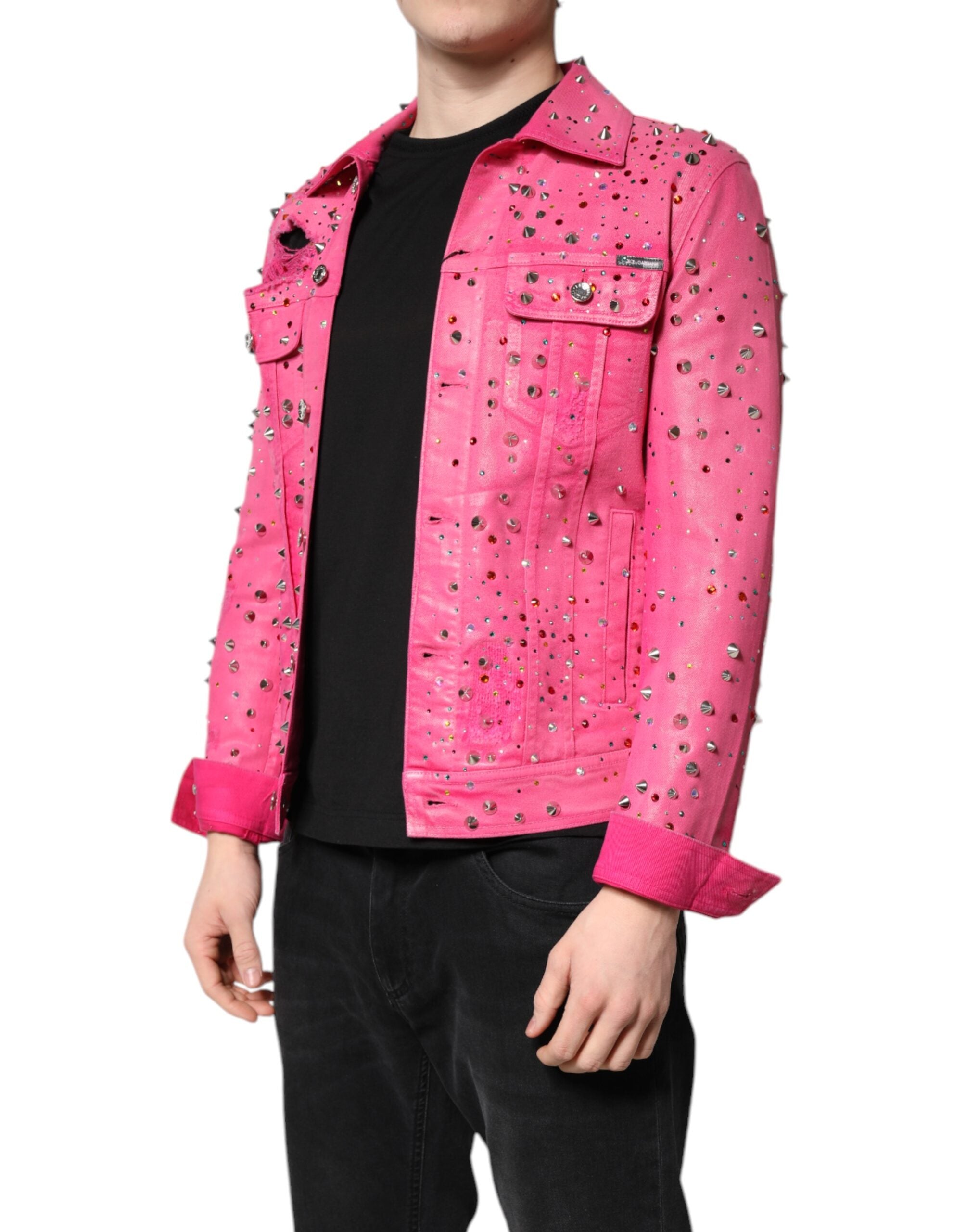 Dolce & Gabbana Pink Crystal Embellished Cotton Denim Men's Jacket