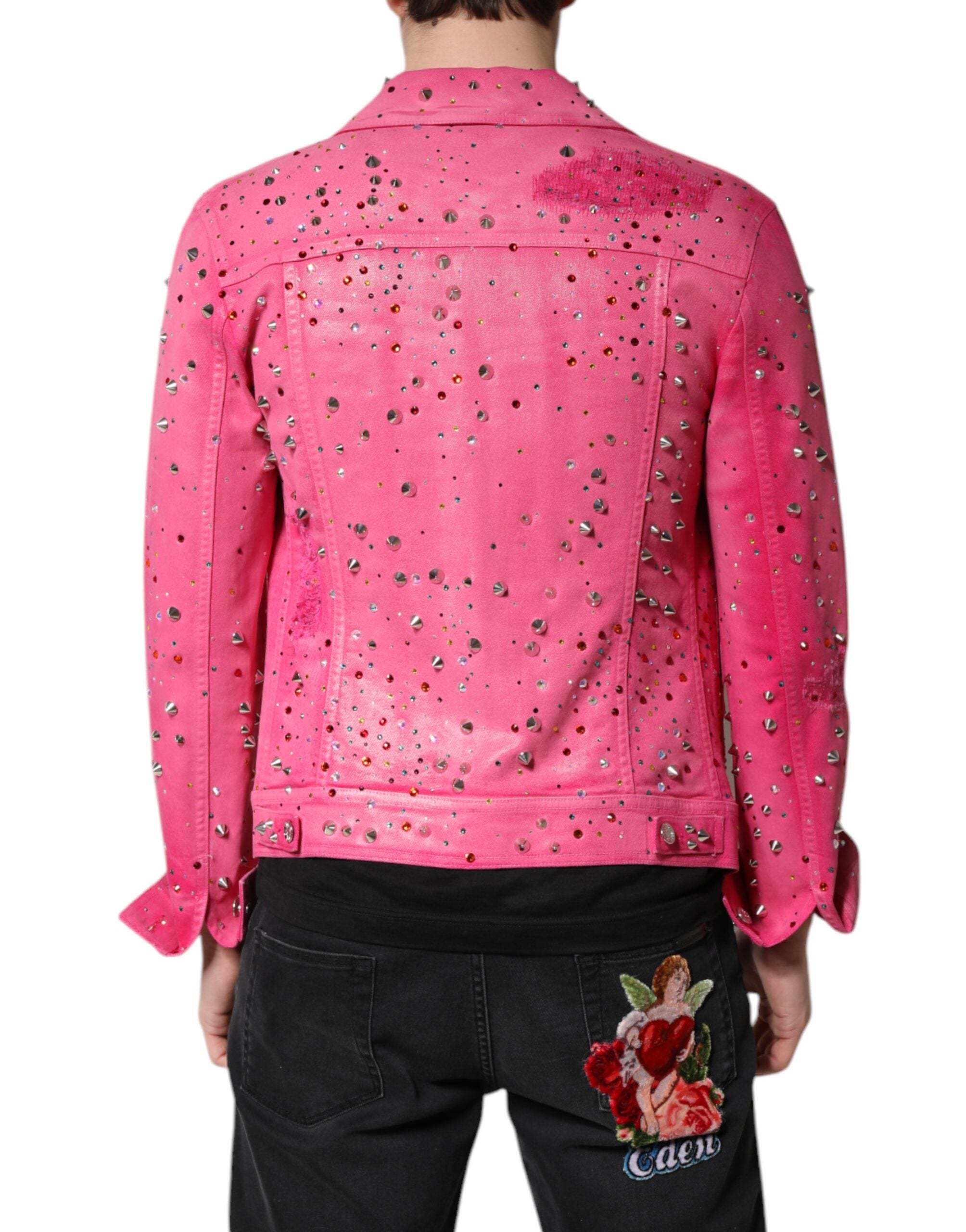 Dolce & Gabbana Pink Crystal Embellished Cotton Denim Men's Jacket