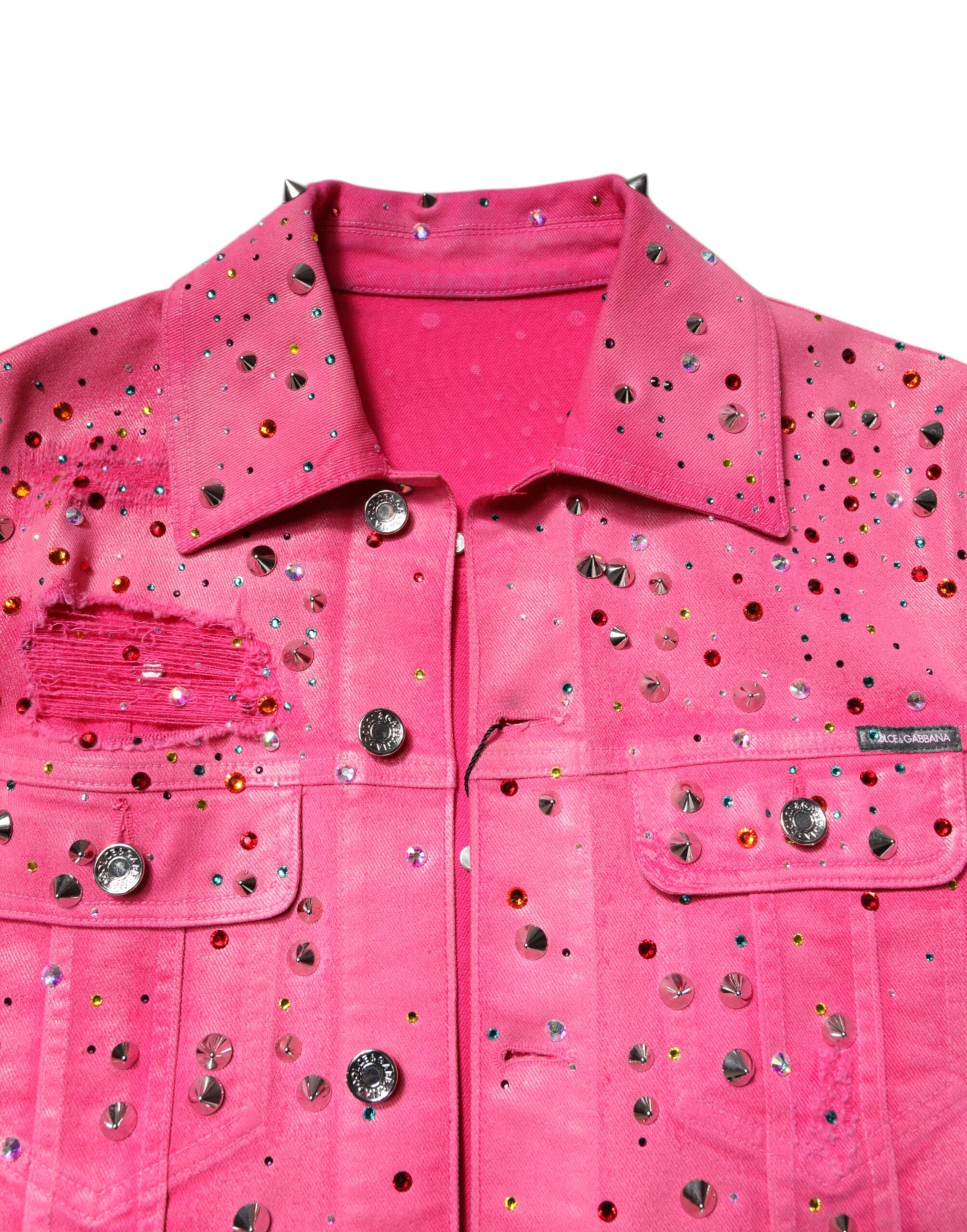 Dolce & Gabbana Pink Crystal Embellished Cotton Denim Men's Jacket