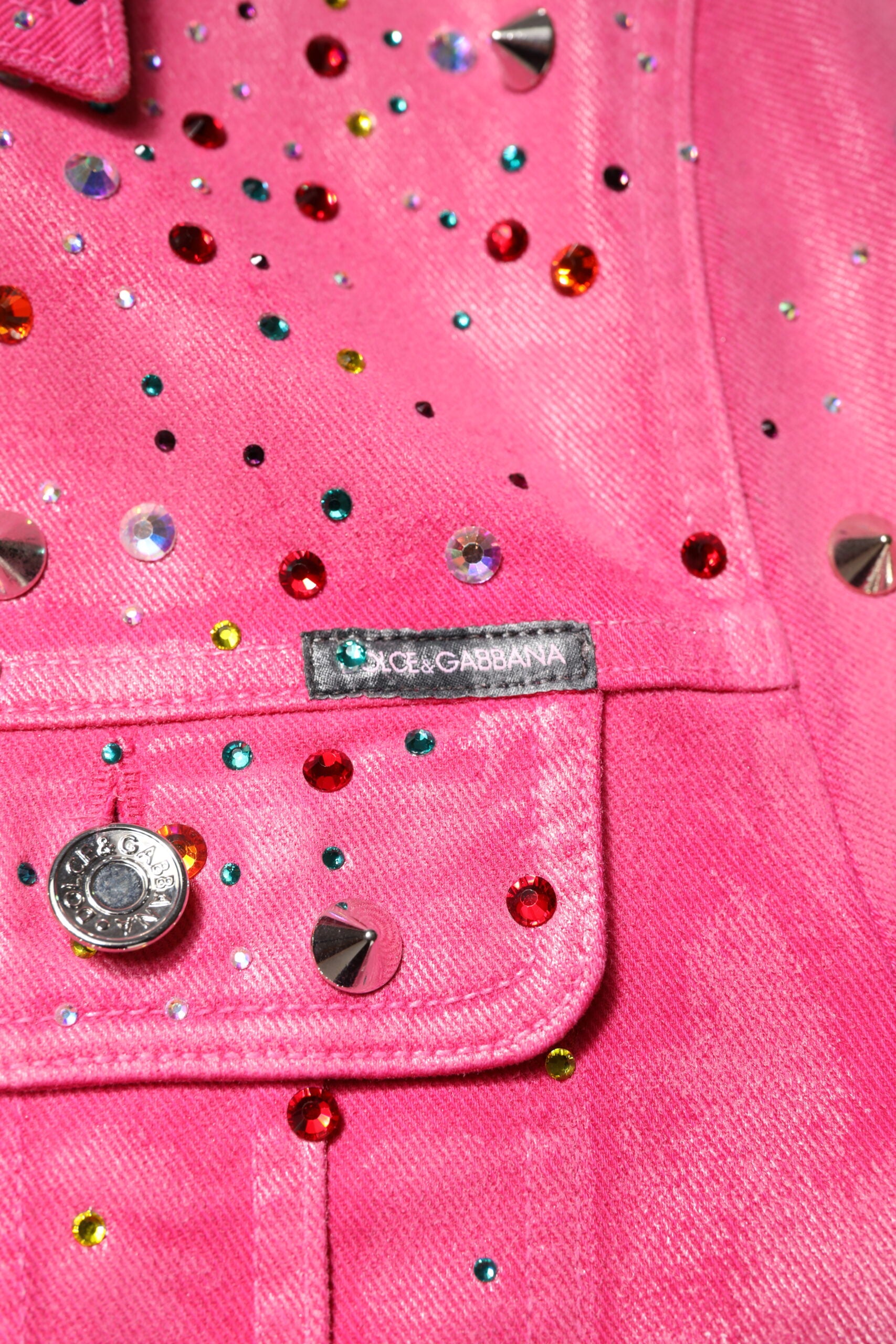 Dolce & Gabbana Pink Crystal Embellished Cotton Denim Men's Jacket