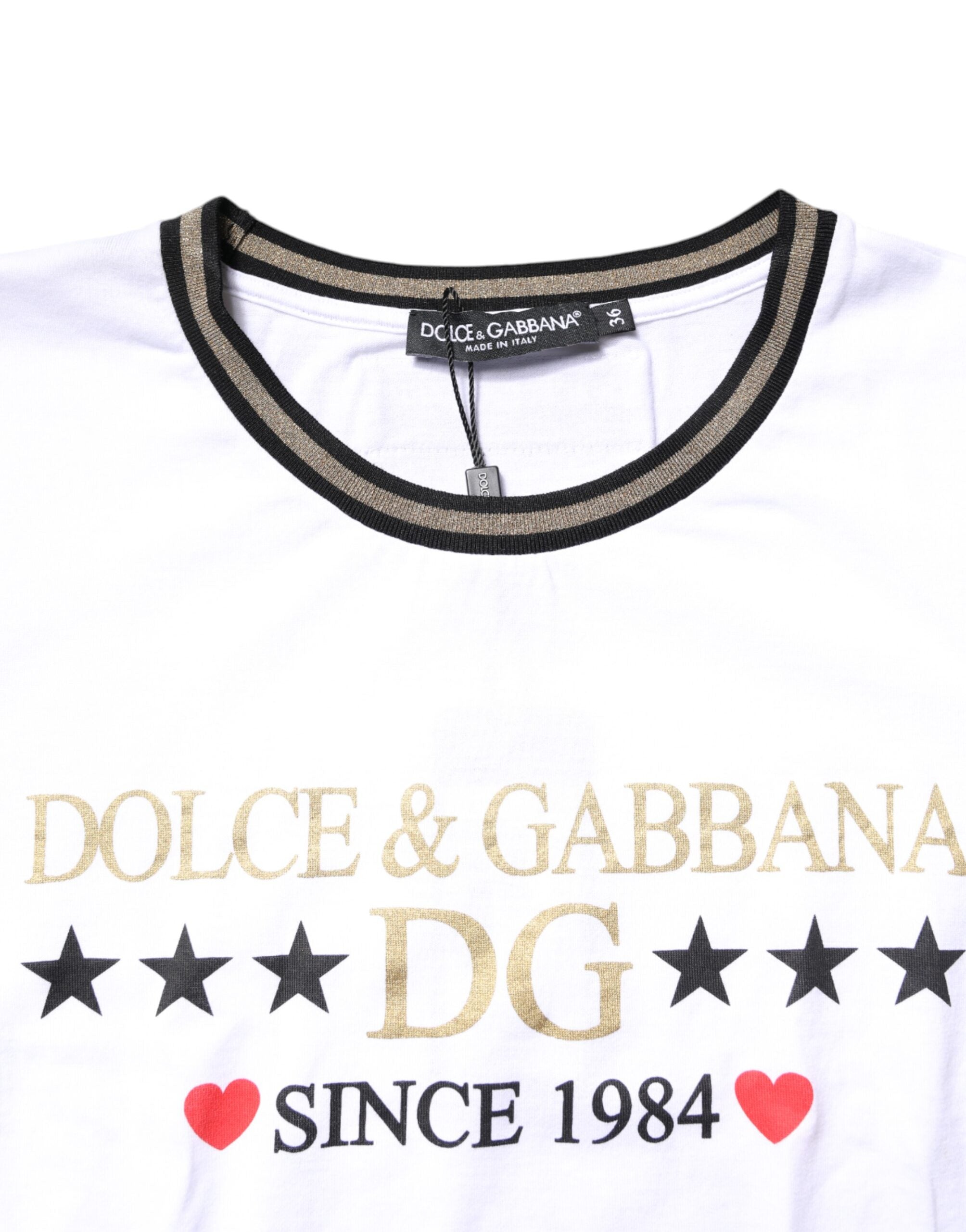 Dolce & Gabbana White Graphic Print Cotton Crew Neck Women's T-shirt (Pre-Owned)