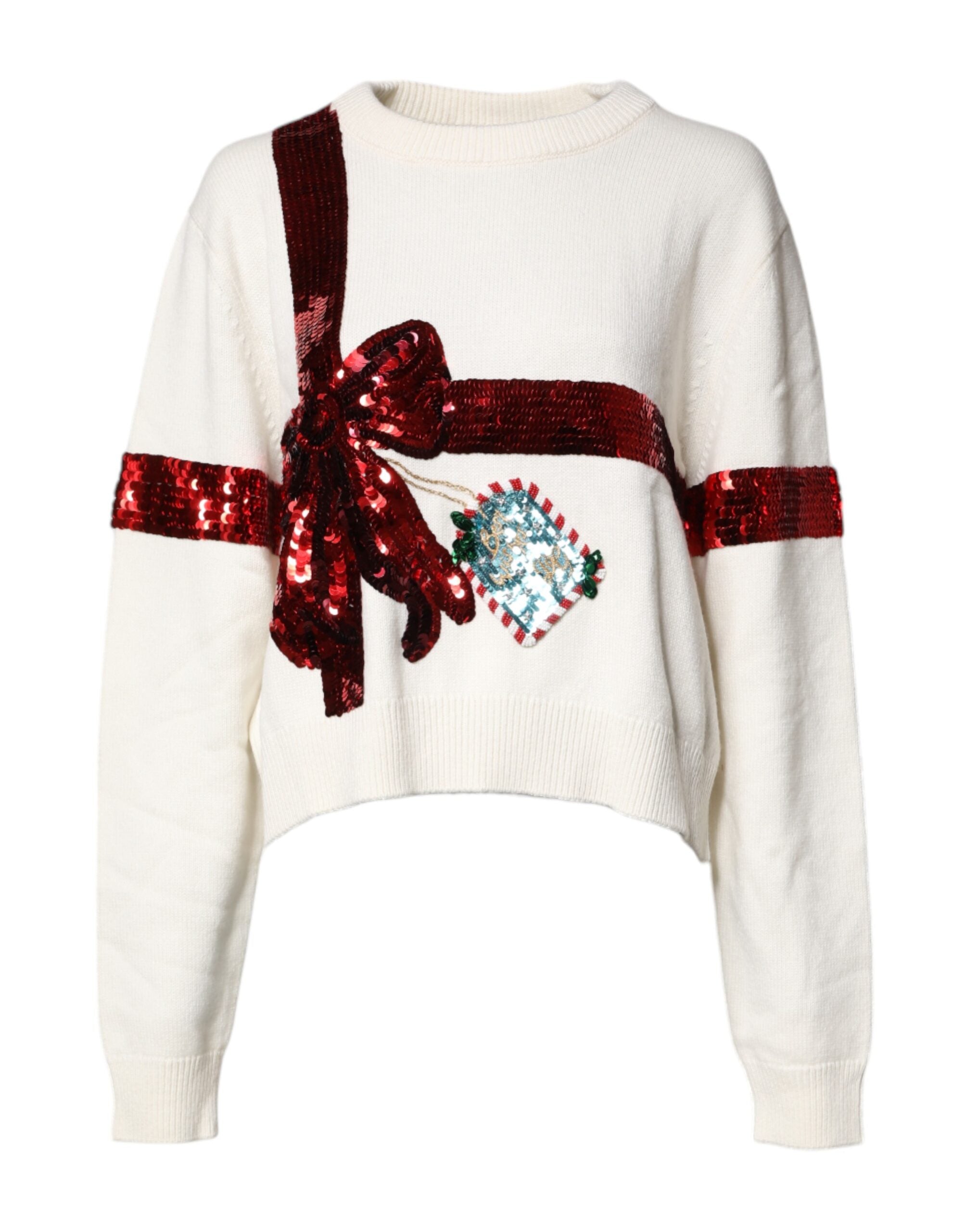 Dolce & Gabbana White Sequined Crew Neck Pullover Women's Sweater (Pre-Owned)