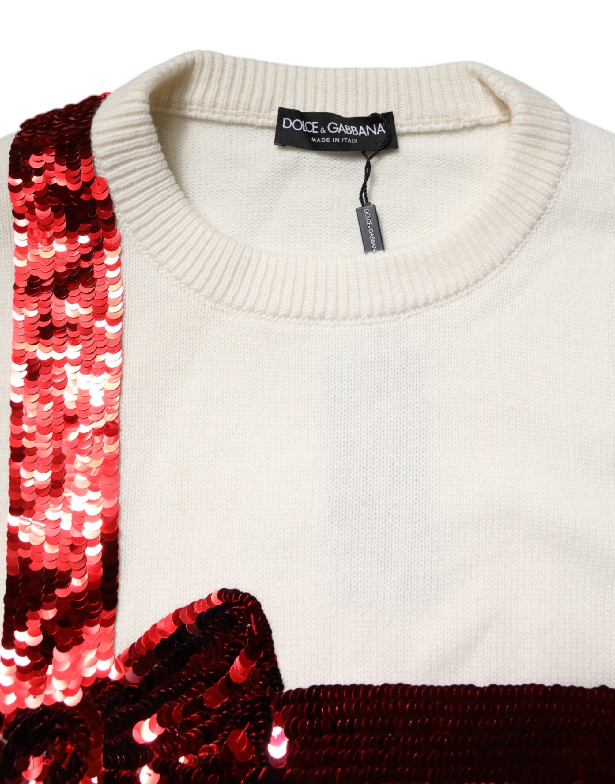 Dolce & Gabbana White Sequined Crew Neck Pullover Women's Sweater (Pre-Owned)