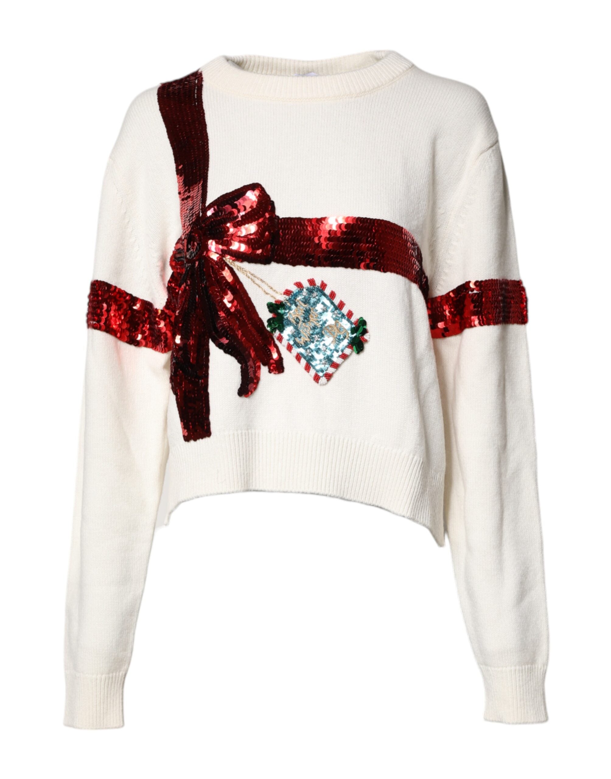 Dolce & Gabbana White Sequined Crew Neck Pullover Women's Sweater (Pre-Owned)
