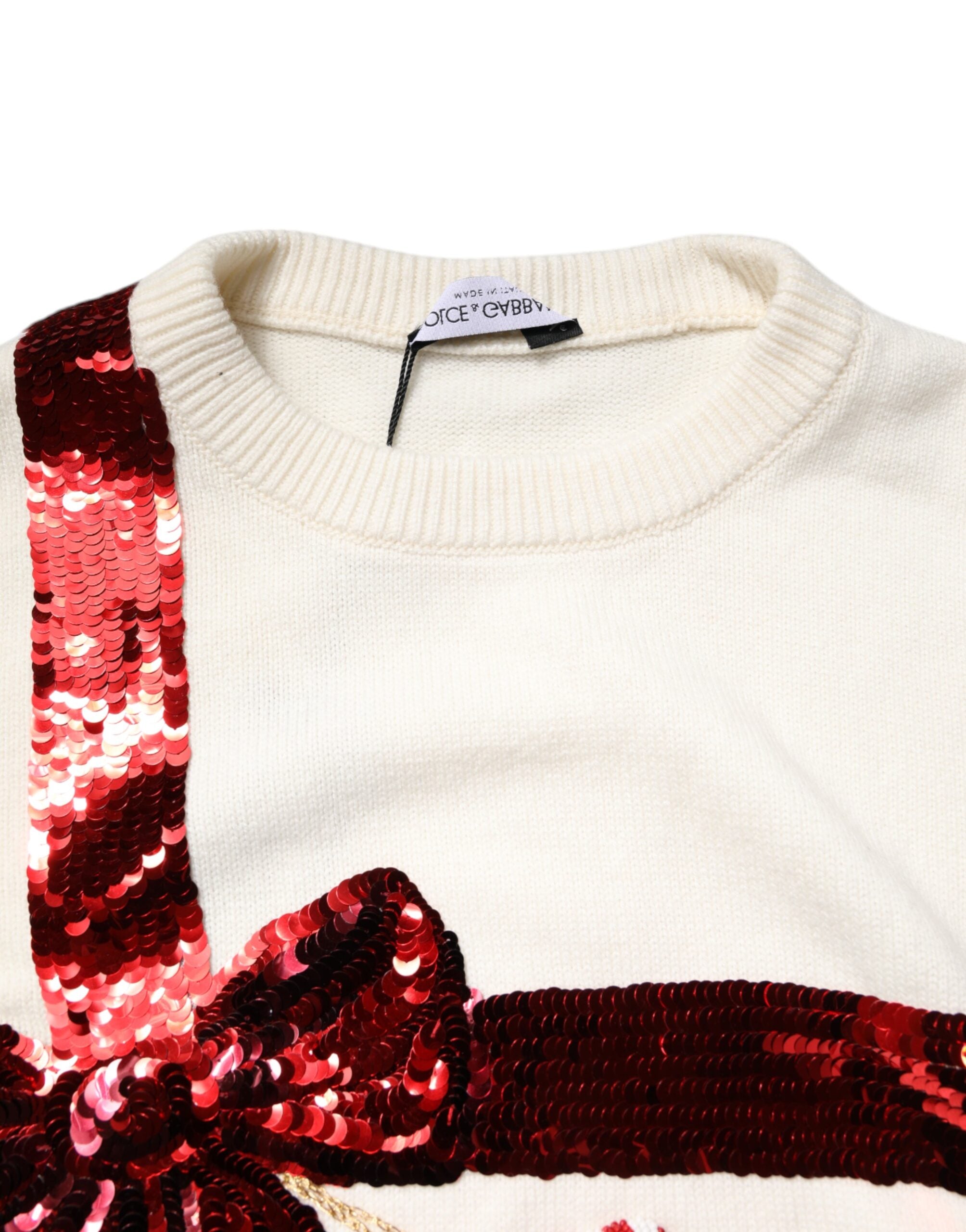 Dolce & Gabbana White Sequined Crew Neck Pullover Women's Sweater (Pre-Owned)