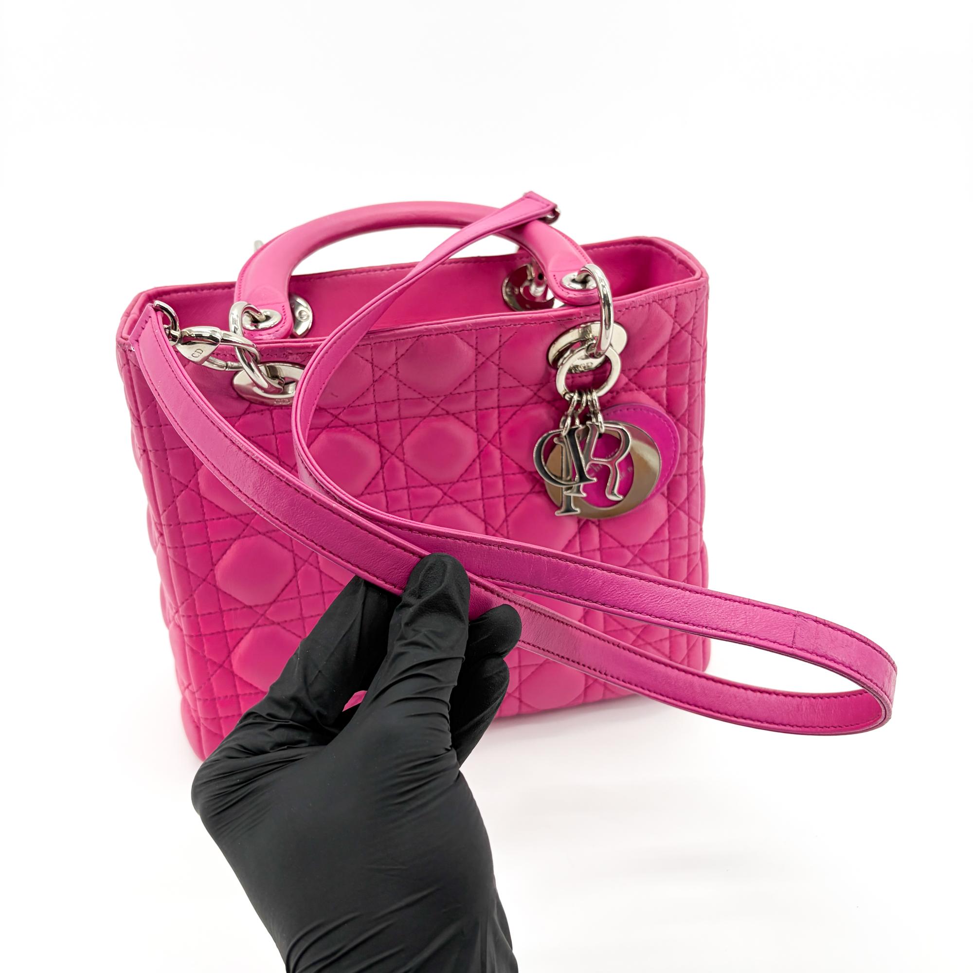 Christian Dior Lady Dior Bag Cannage Quilt Lambskin Pink Leather Handbag (Pre-Owned)