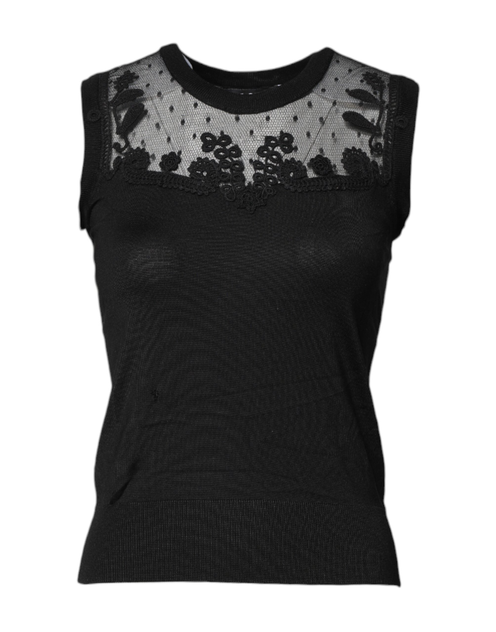 Dolce & Gabbana Black Lace Sheer Crew Neck Sleeveless Women's Top (Pre-Owned)