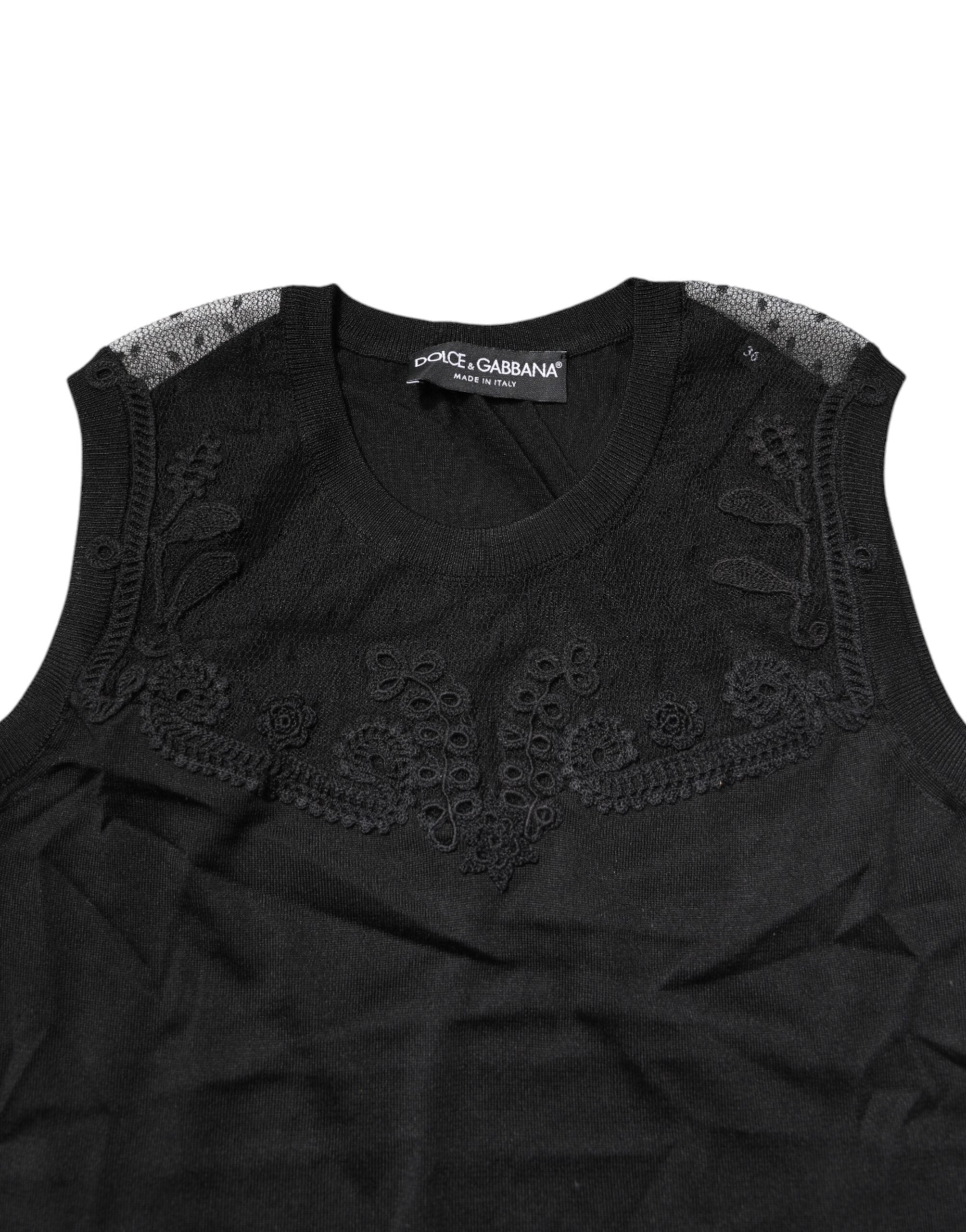 Dolce & Gabbana Black Lace Sheer Crew Neck Sleeveless Women's Top (Pre-Owned)