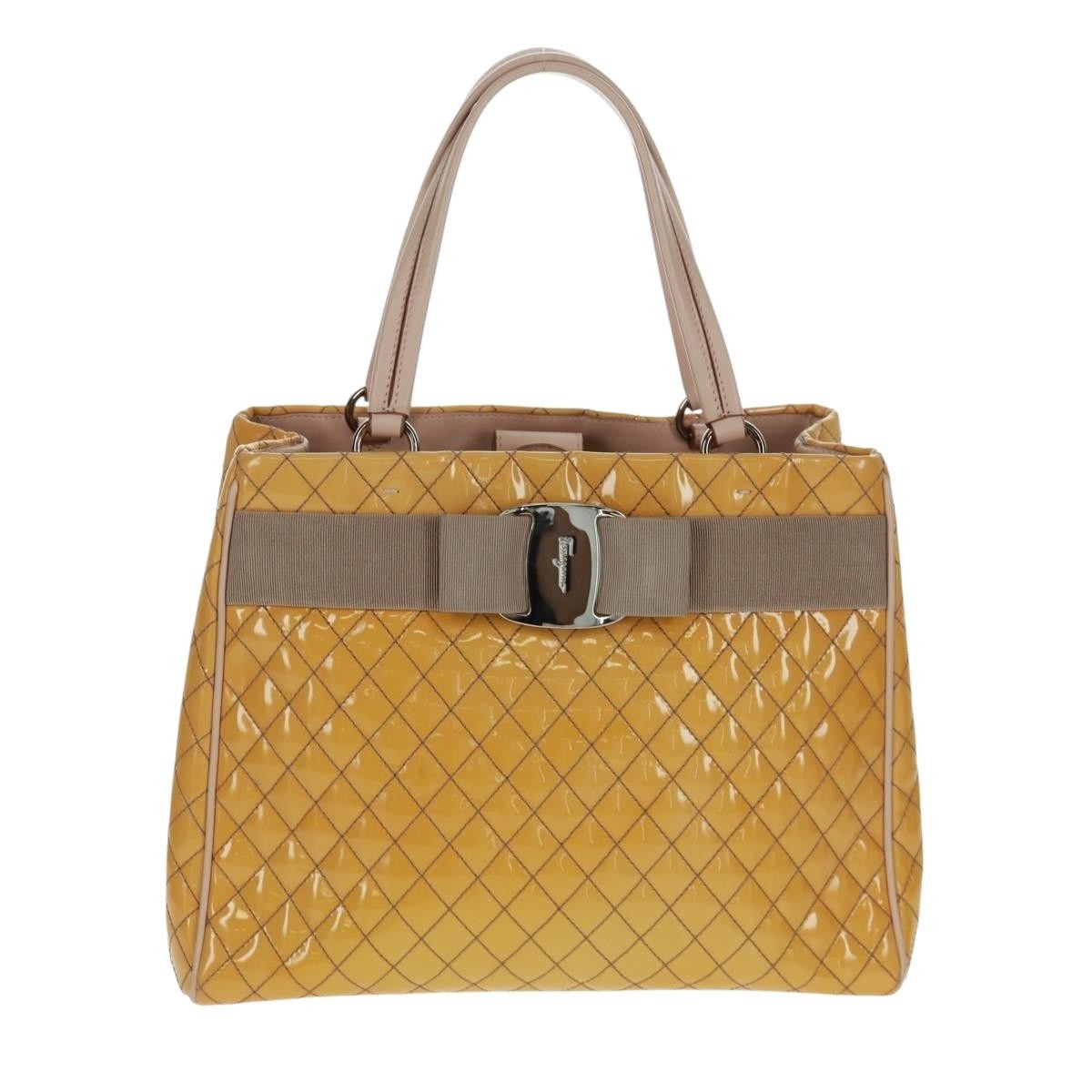 Salvatore Ferragamo Vala Patent Leather Yellow Patent_Leather Handbag (Pre-Owned)