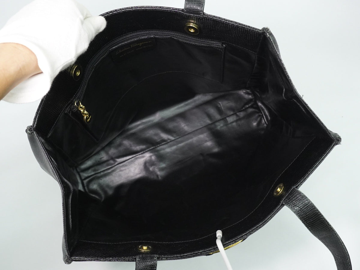 Salvatore Ferragamo Vintage Vara Bow Lizard Embossed Leather Black Leather Tote Bag Bag (Pre-Owned)