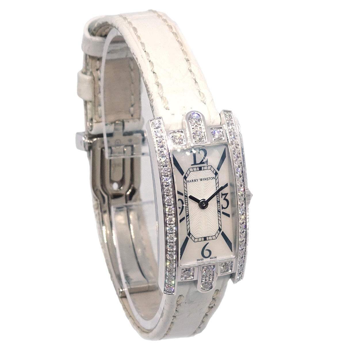 Harry Winston Avenue C Quartz White Gold And Alligator With Diamond Bezel And Mother Of Pearl Watch (Pre-Owned)