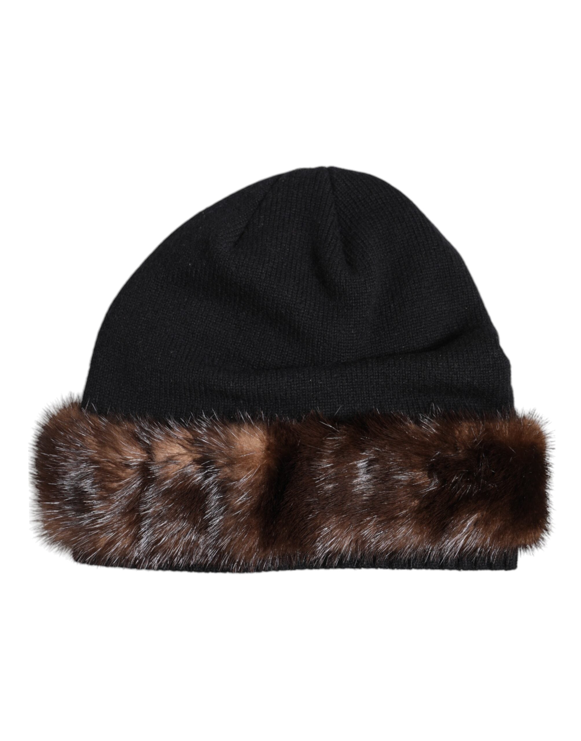 Dolce & Gabbana Black Fur Embellish Knitted Winter Beanie Men's Hat (Pre-Owned)
