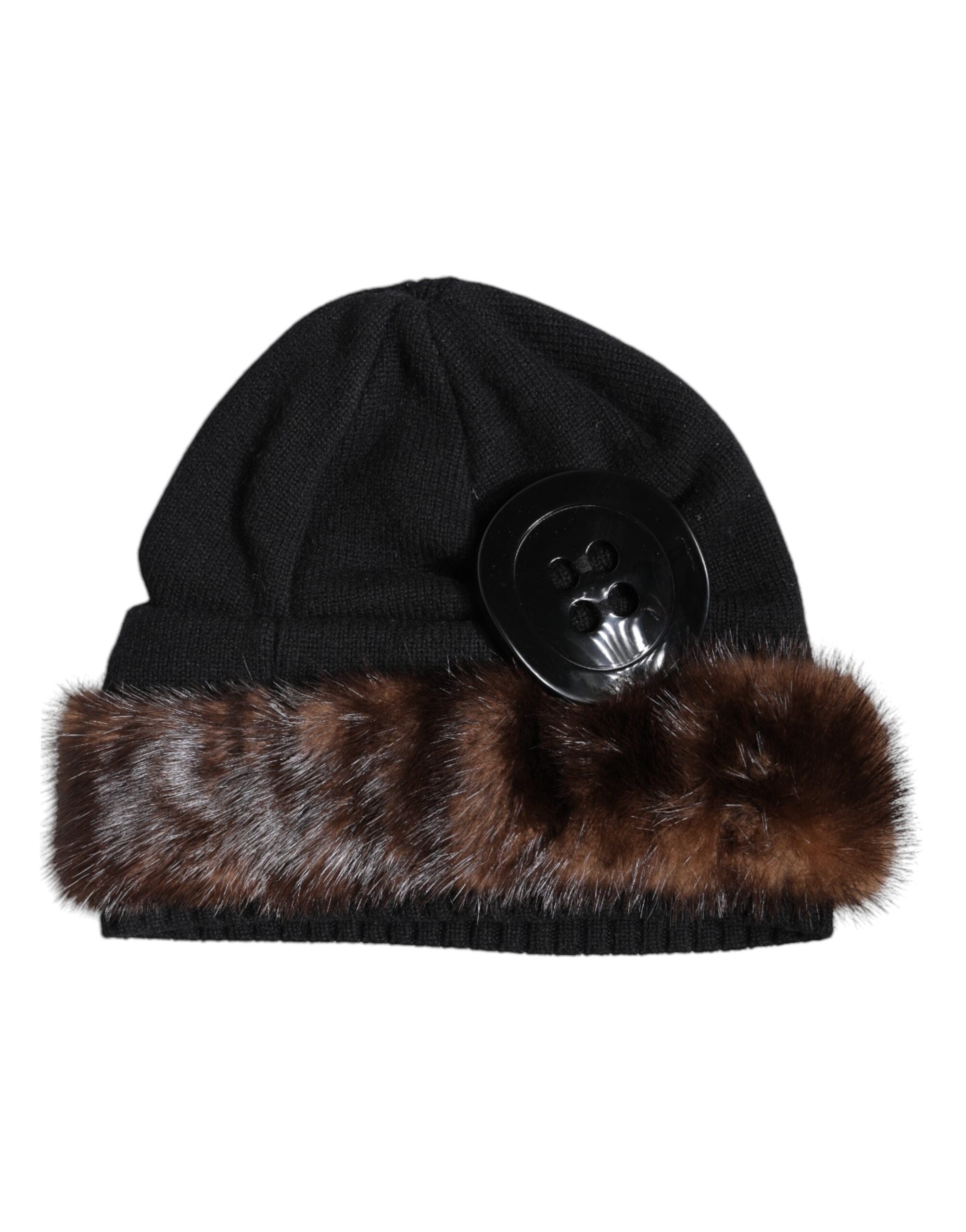 Dolce & Gabbana Black Fur Embellish Knitted Winter Beanie Men's Hat (Pre-Owned)