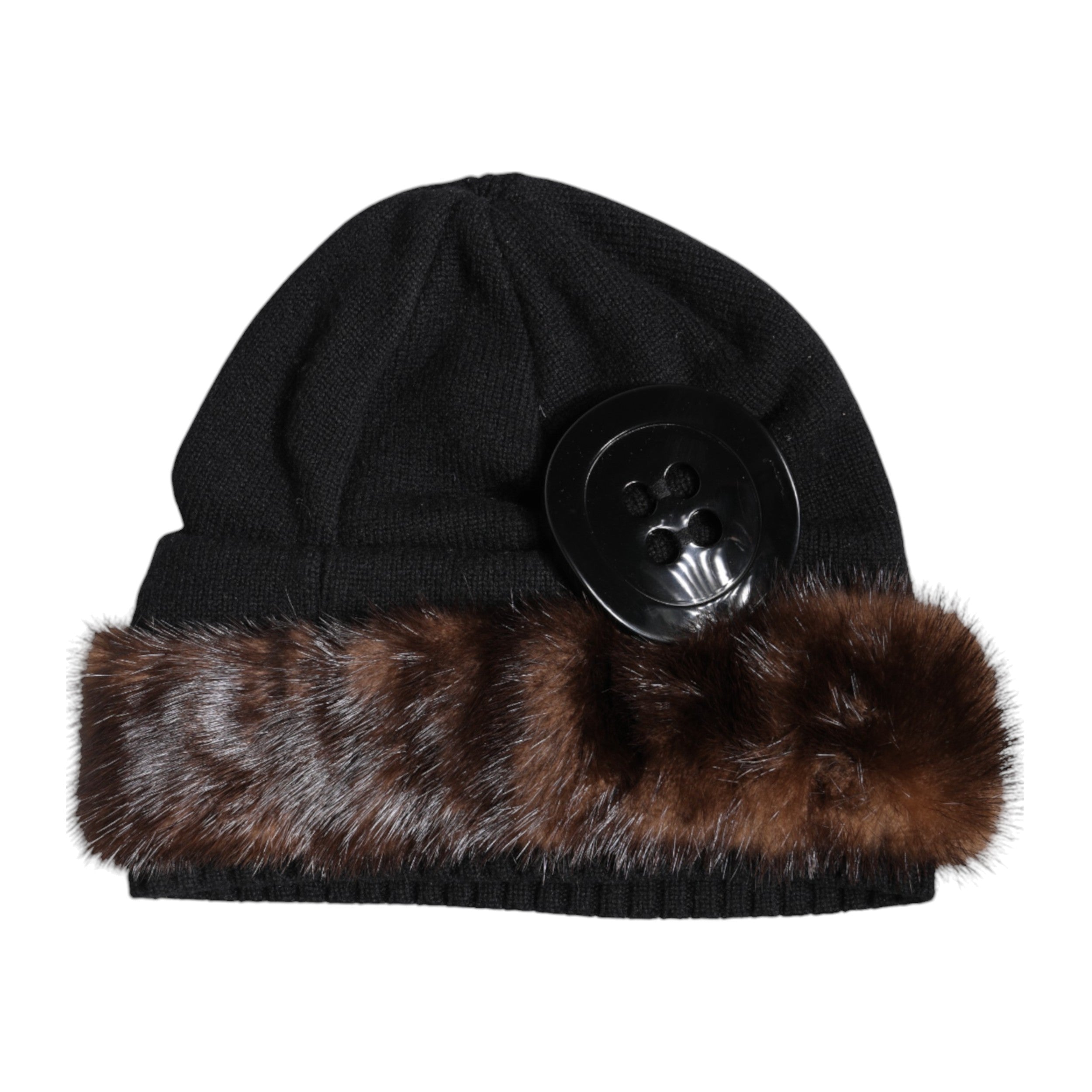 Dolce & Gabbana Black Fur Embellish Knitted Winter Beanie Men's Hat (Pre-Owned)