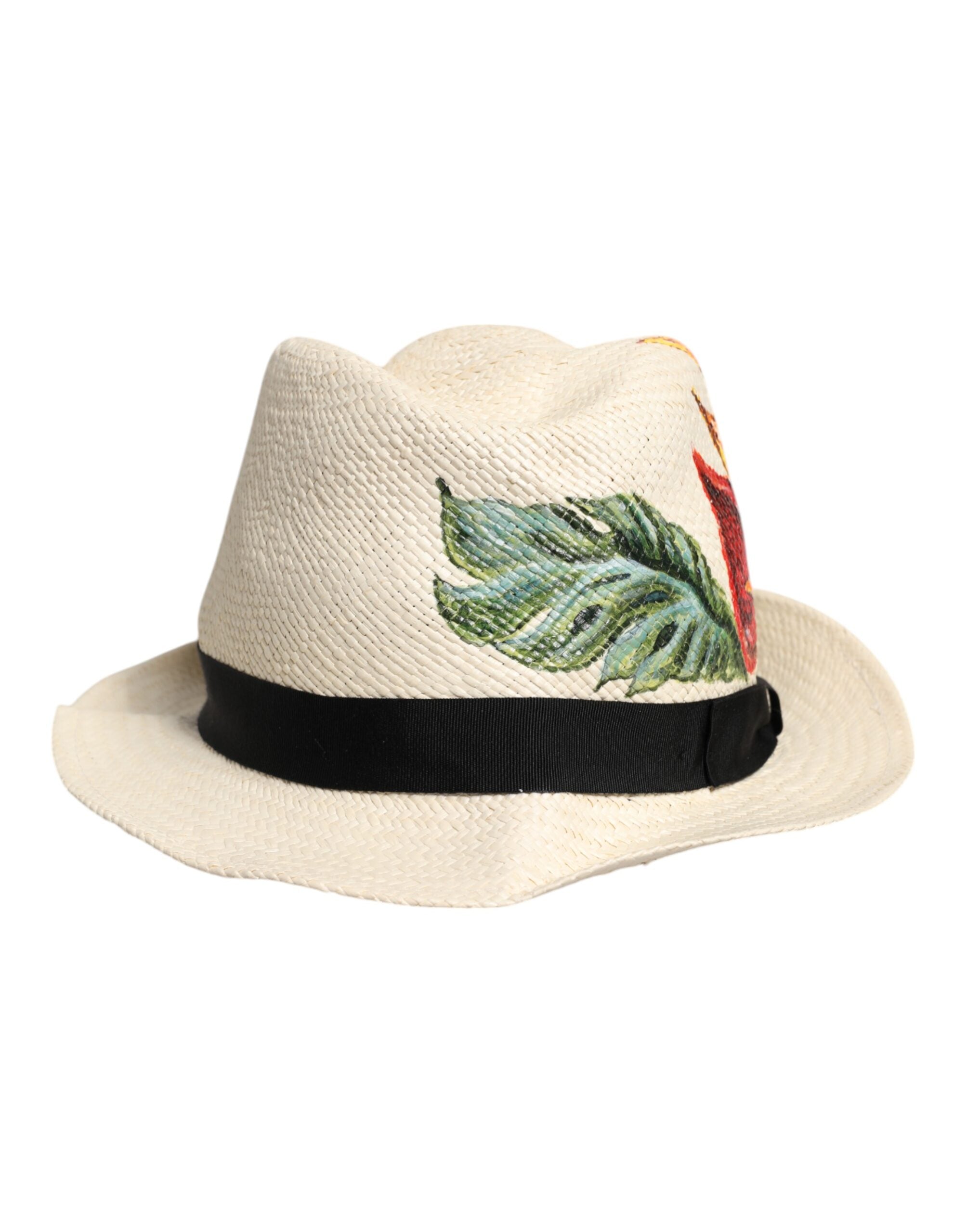 Dolce & Gabbana Beige Floral Print Straw Wide Brim Fedora Men's Hat (Pre-Owned)