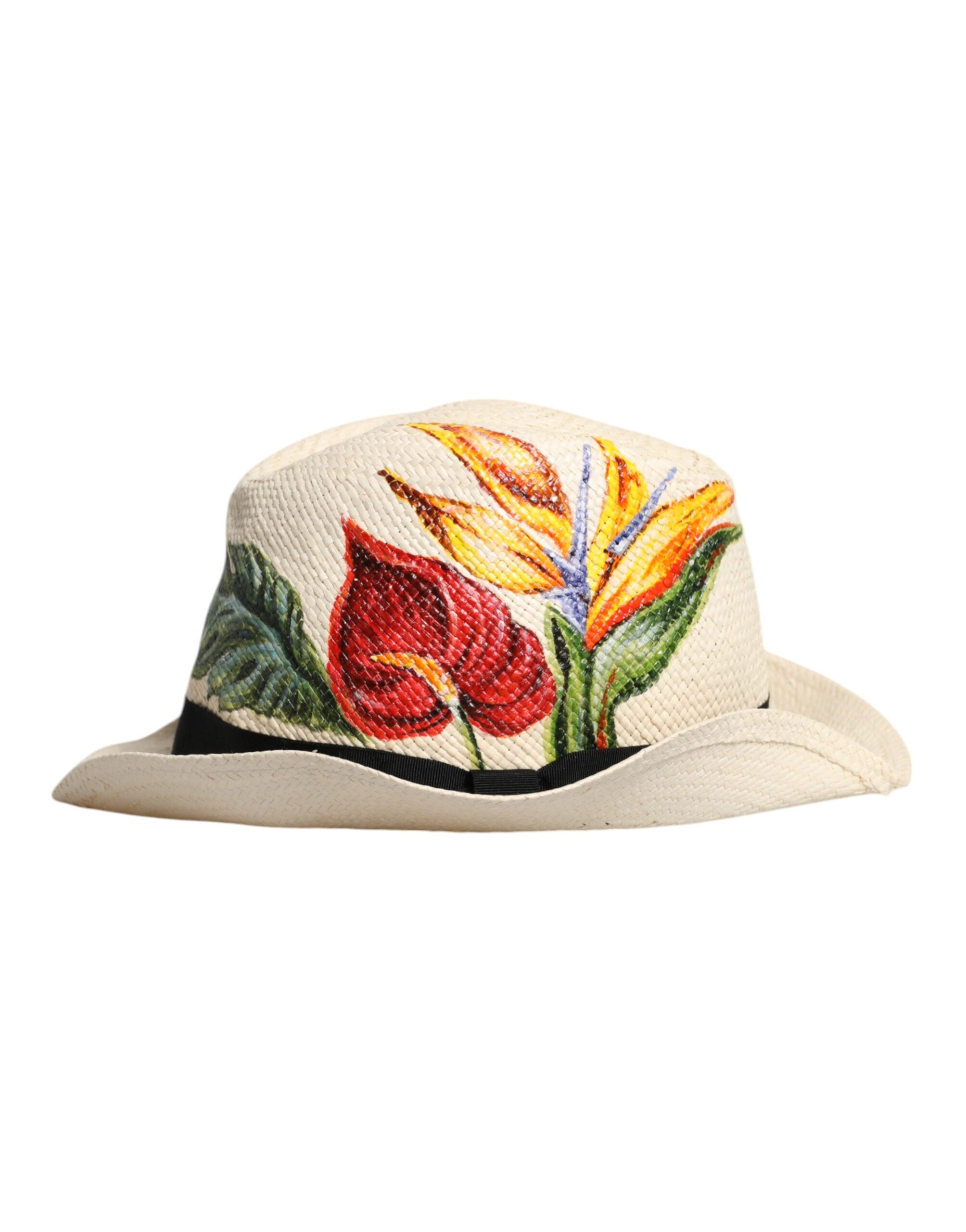 Dolce & Gabbana Beige Floral Print Straw Wide Brim Fedora Men's Hat (Pre-Owned)