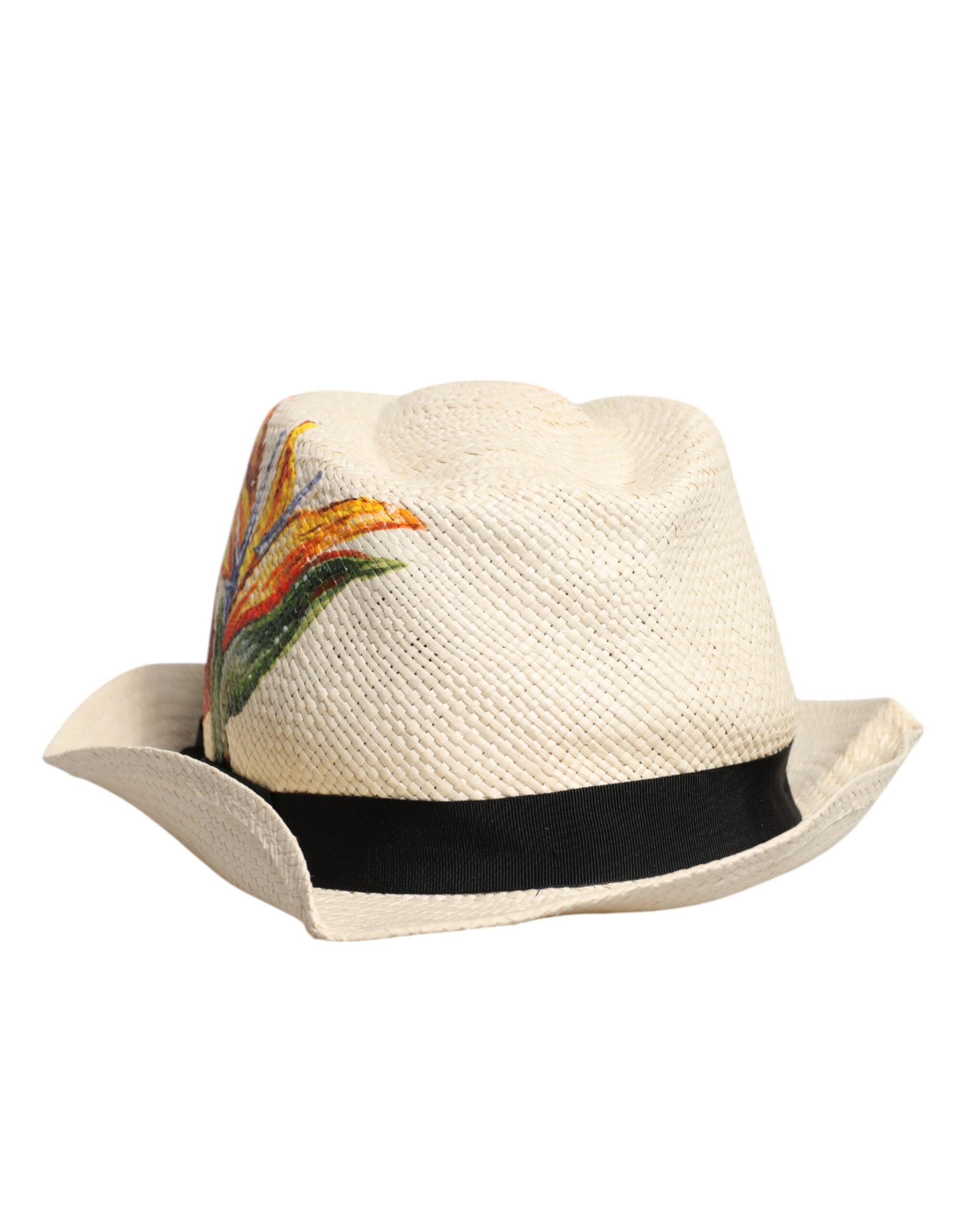 Dolce & Gabbana Beige Floral Print Straw Wide Brim Fedora Men's Hat (Pre-Owned)