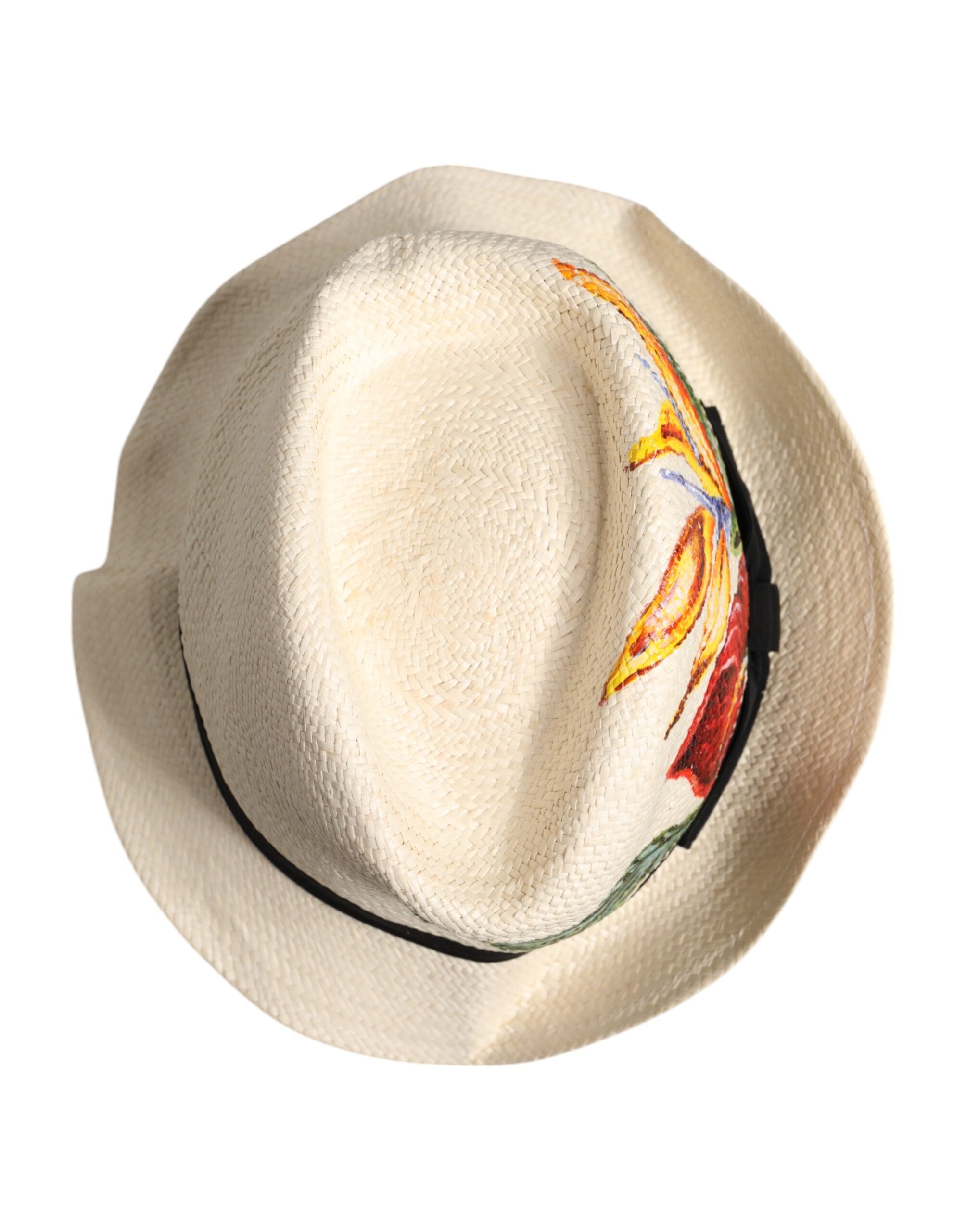 Dolce & Gabbana Beige Floral Print Straw Wide Brim Fedora Men's Hat (Pre-Owned)
