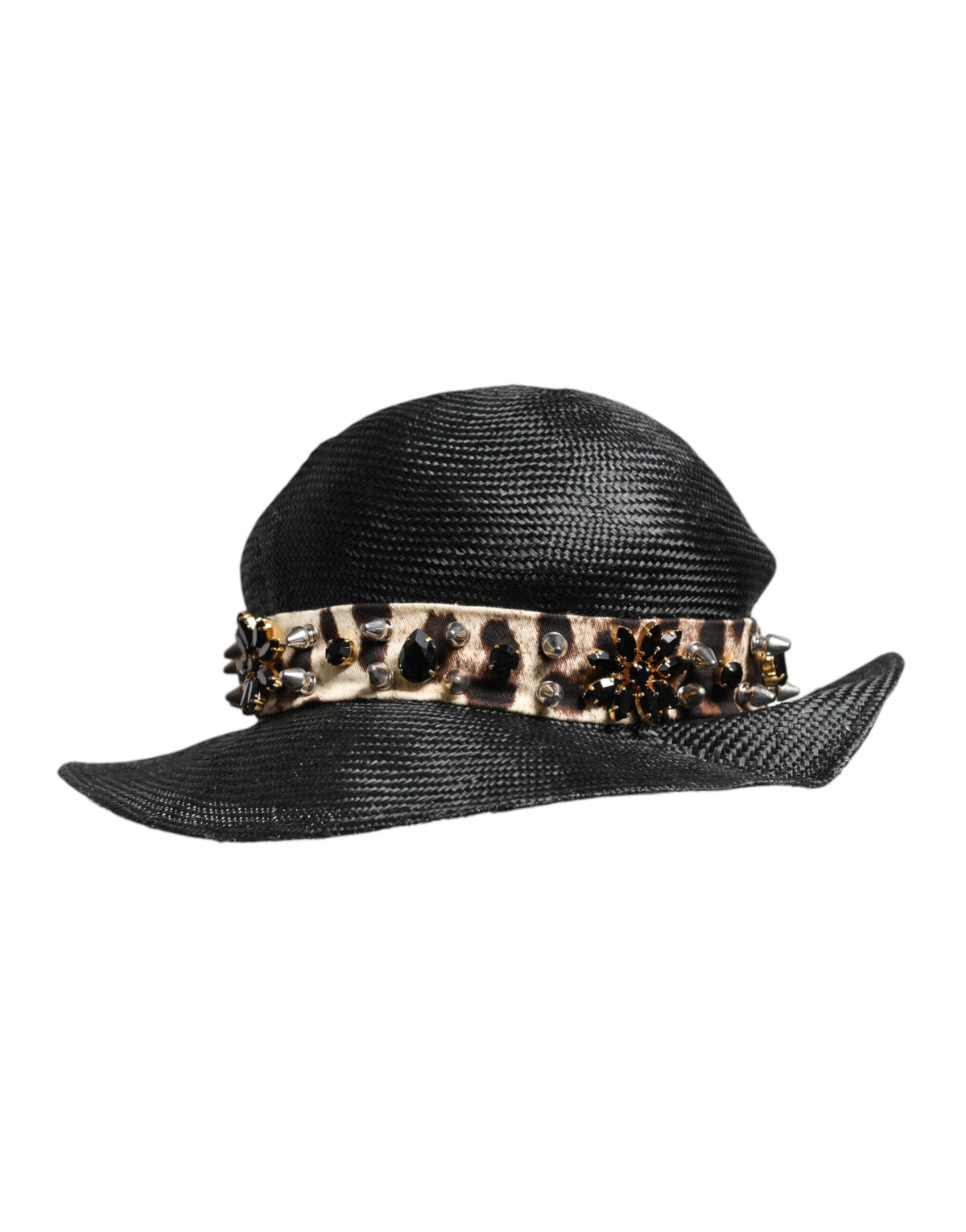 Dolce & Gabbana Black Straw Crystal Embellished Wide Brim Women's Hat (Pre-Owned)