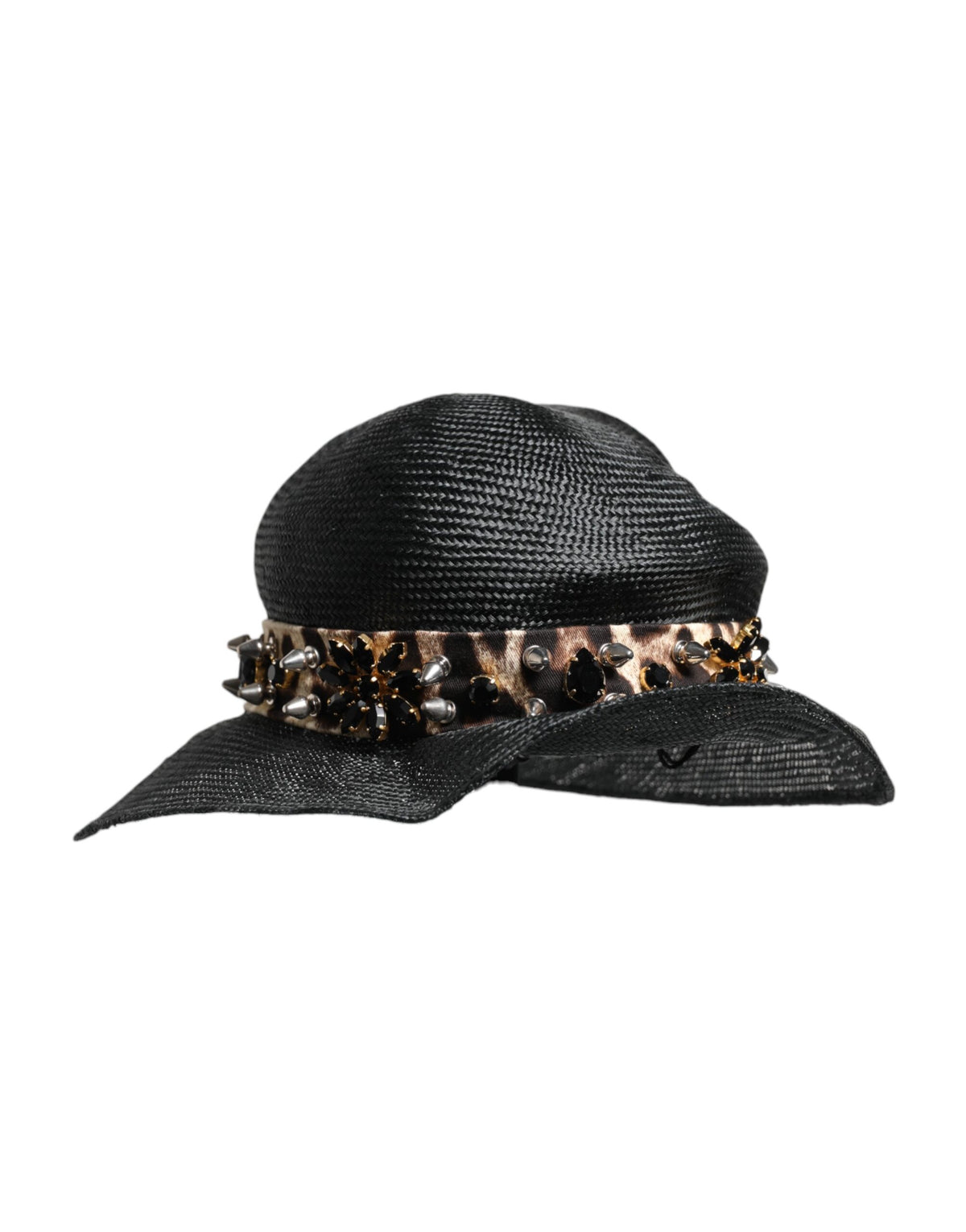Dolce & Gabbana Black Straw Crystal Embellished Wide Brim Women's Hat (Pre-Owned)