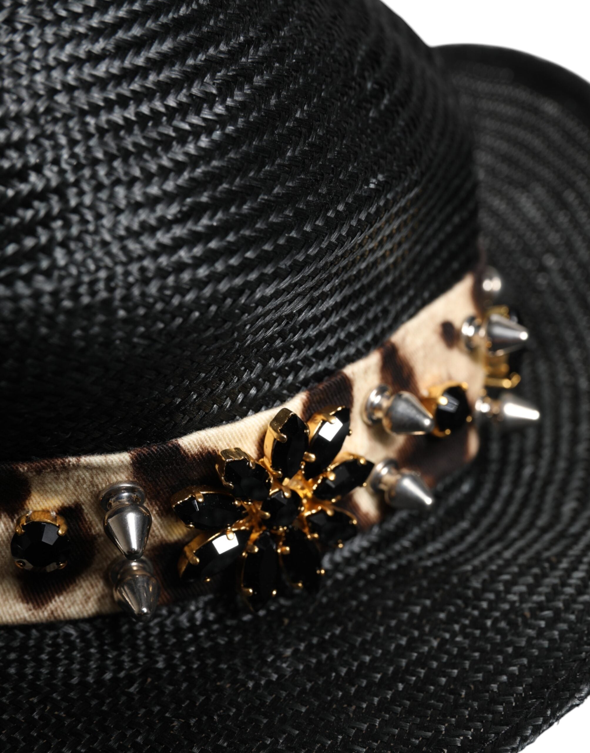 Dolce & Gabbana Black Straw Crystal Embellished Wide Brim Women's Hat