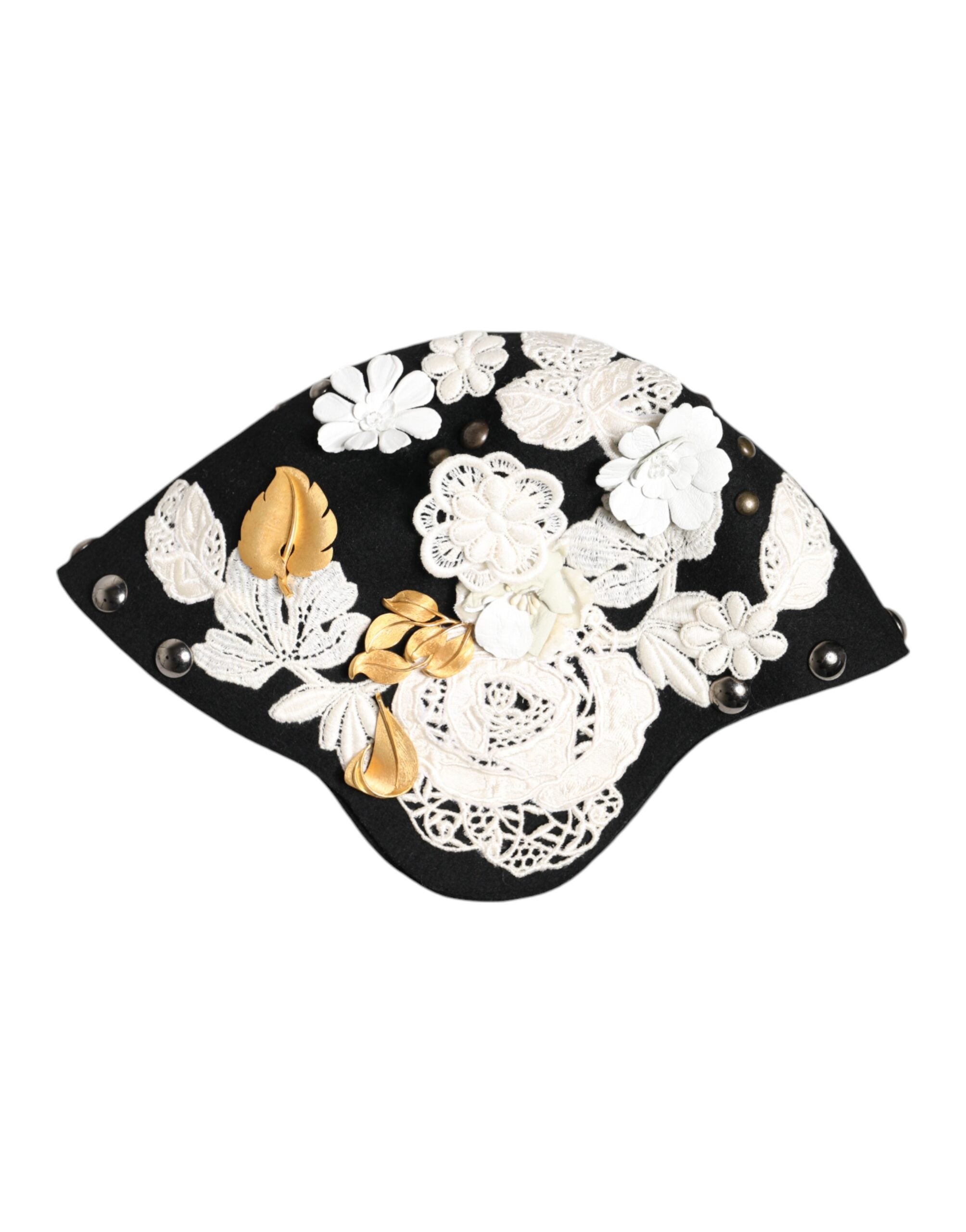 Dolce & Gabbana Black Wool White Floral Gold Leaf Cloche Women's Hat