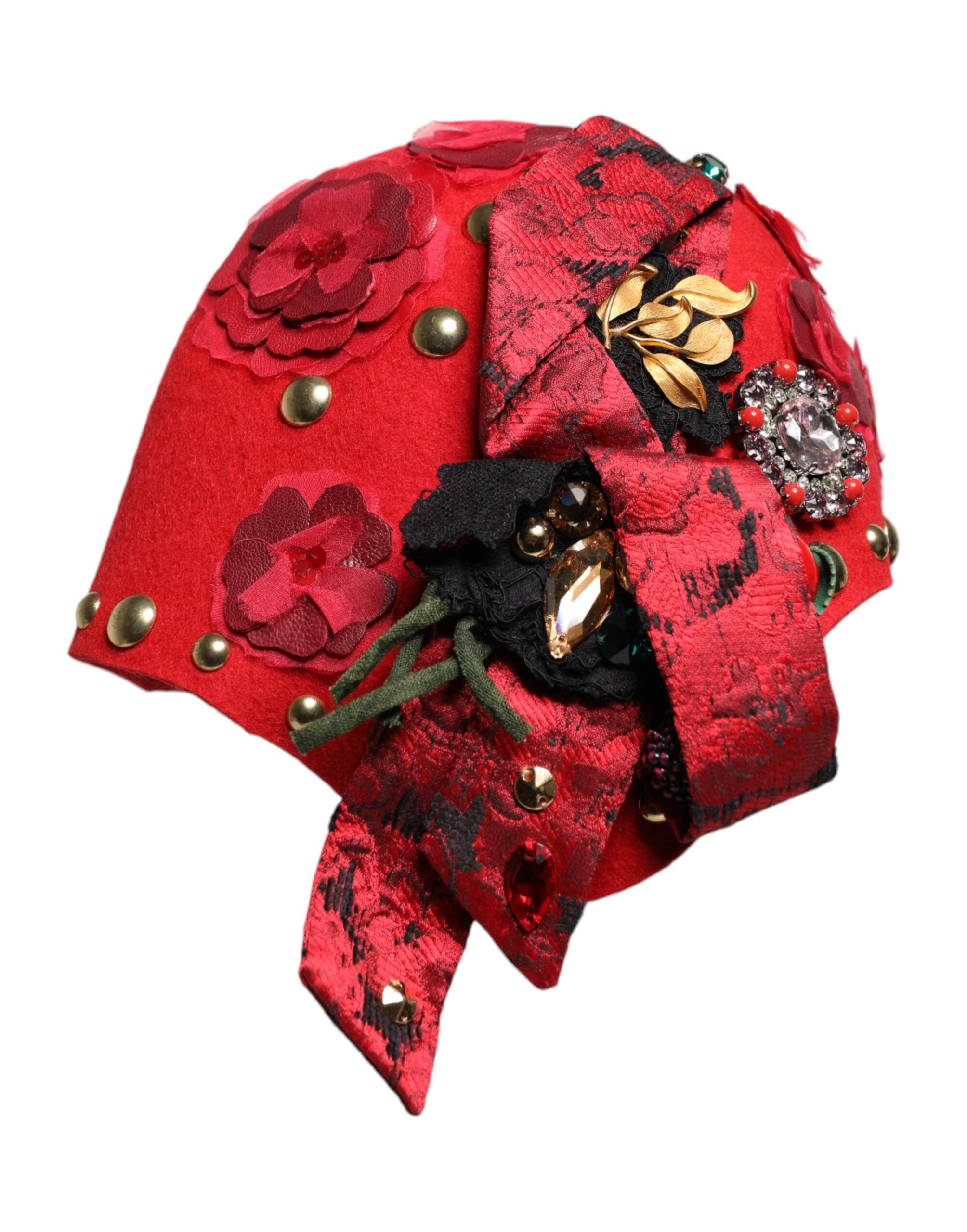 Dolce & Gabbana Red Crystal Gold Roses Brooch Embellished Women's Hat