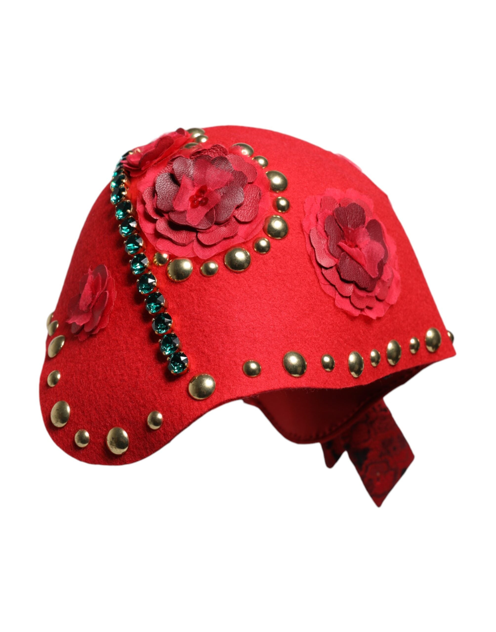 Dolce & Gabbana Red Crystal Gold Roses Brooch Embellished Women's Hat