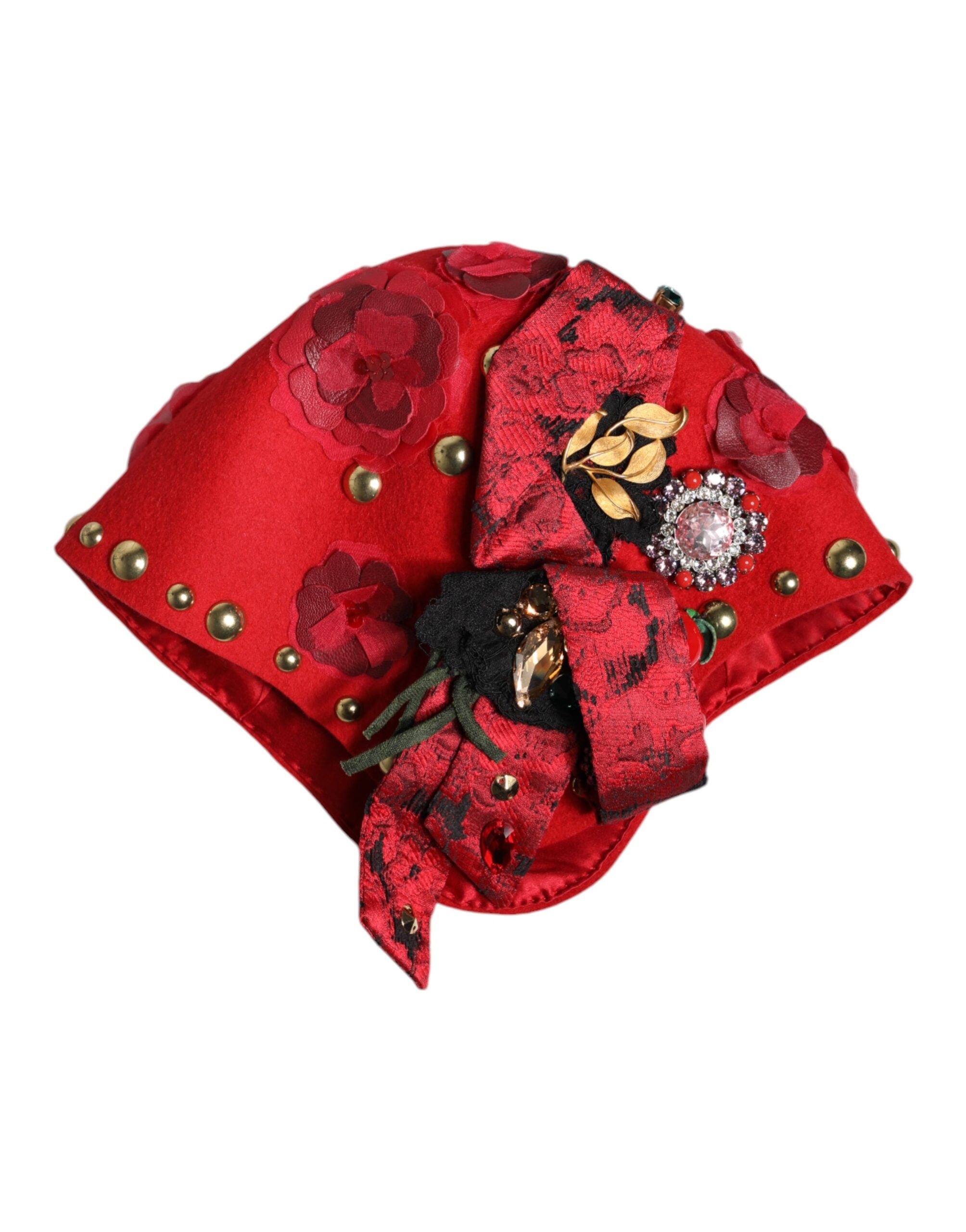 Dolce & Gabbana Red Crystal Gold Roses Brooch Embellished Women's Hat