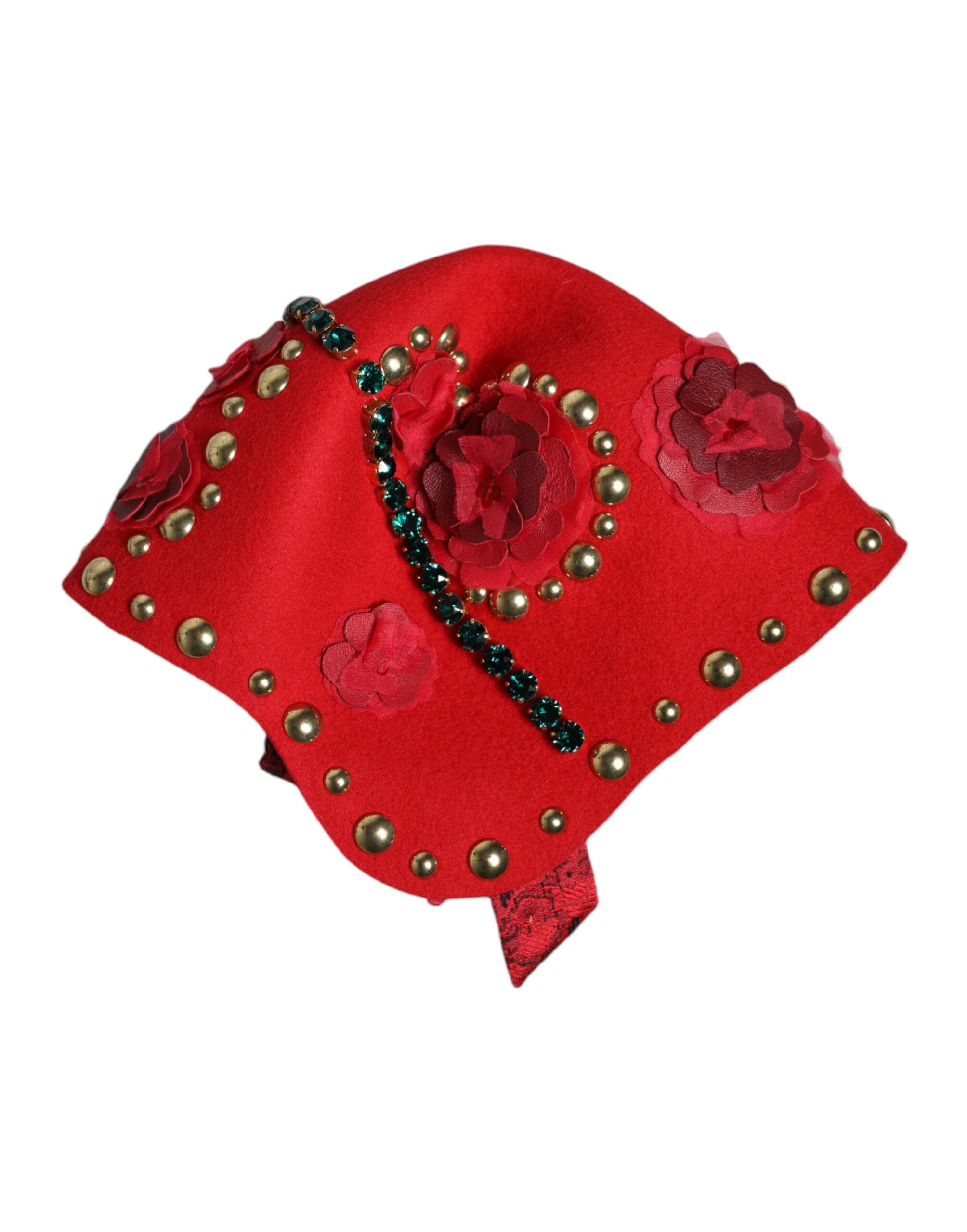 Dolce & Gabbana Red Crystal Gold Roses Brooch Embellished Women's Hat